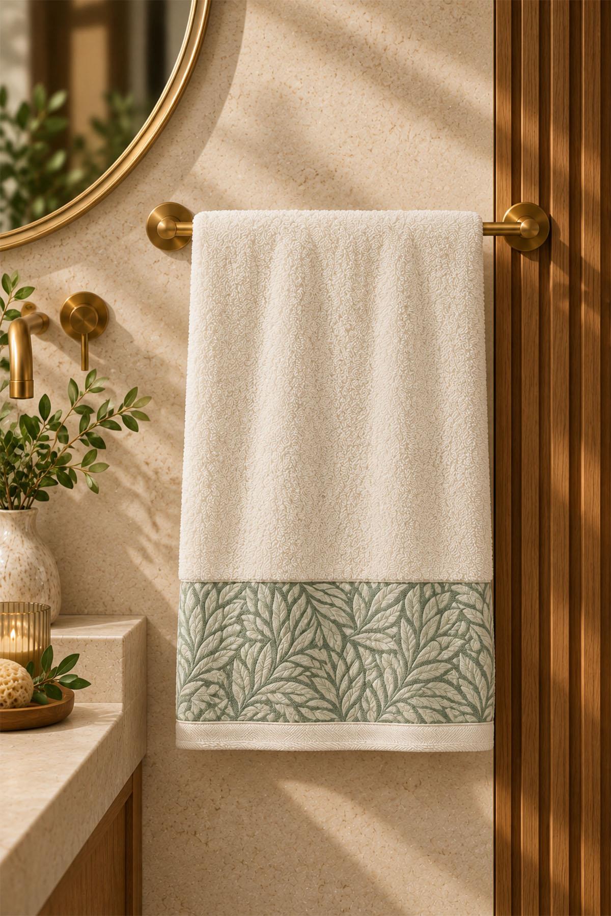Sage Yaprak Desenli Banyo Havlusu (90 x 150 cm)