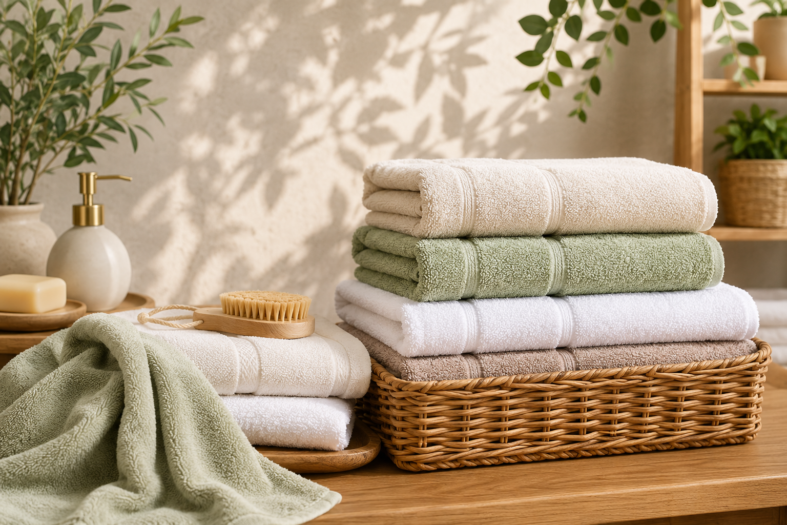 Banyoda düzenli şekilde saklanan havlular ve doğal tonlarda ferah banyo düzeni