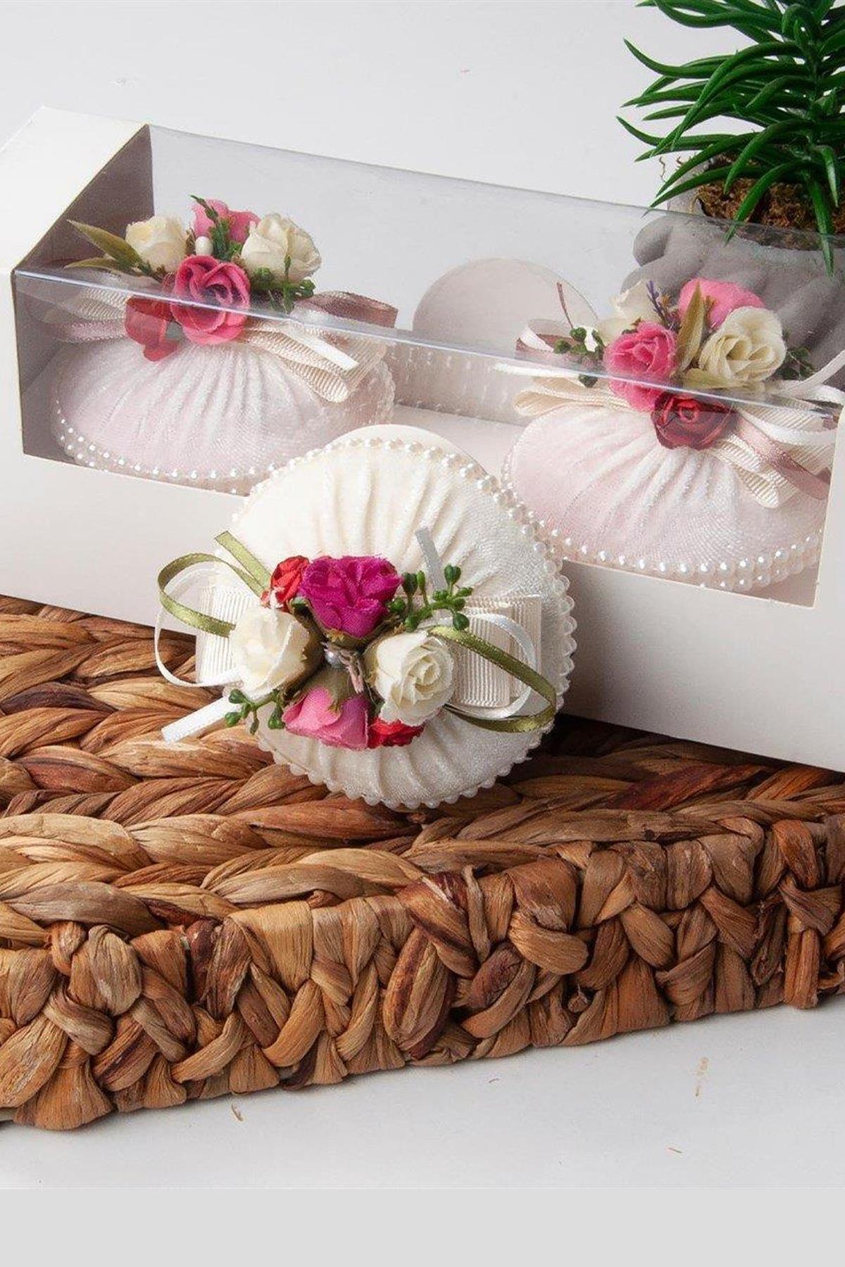 3’lü Çiçekli Dekoratif Kadife Kaplı İnci Detaylı Kokulu Sabun - Nazik Home - Yuvama Değer!