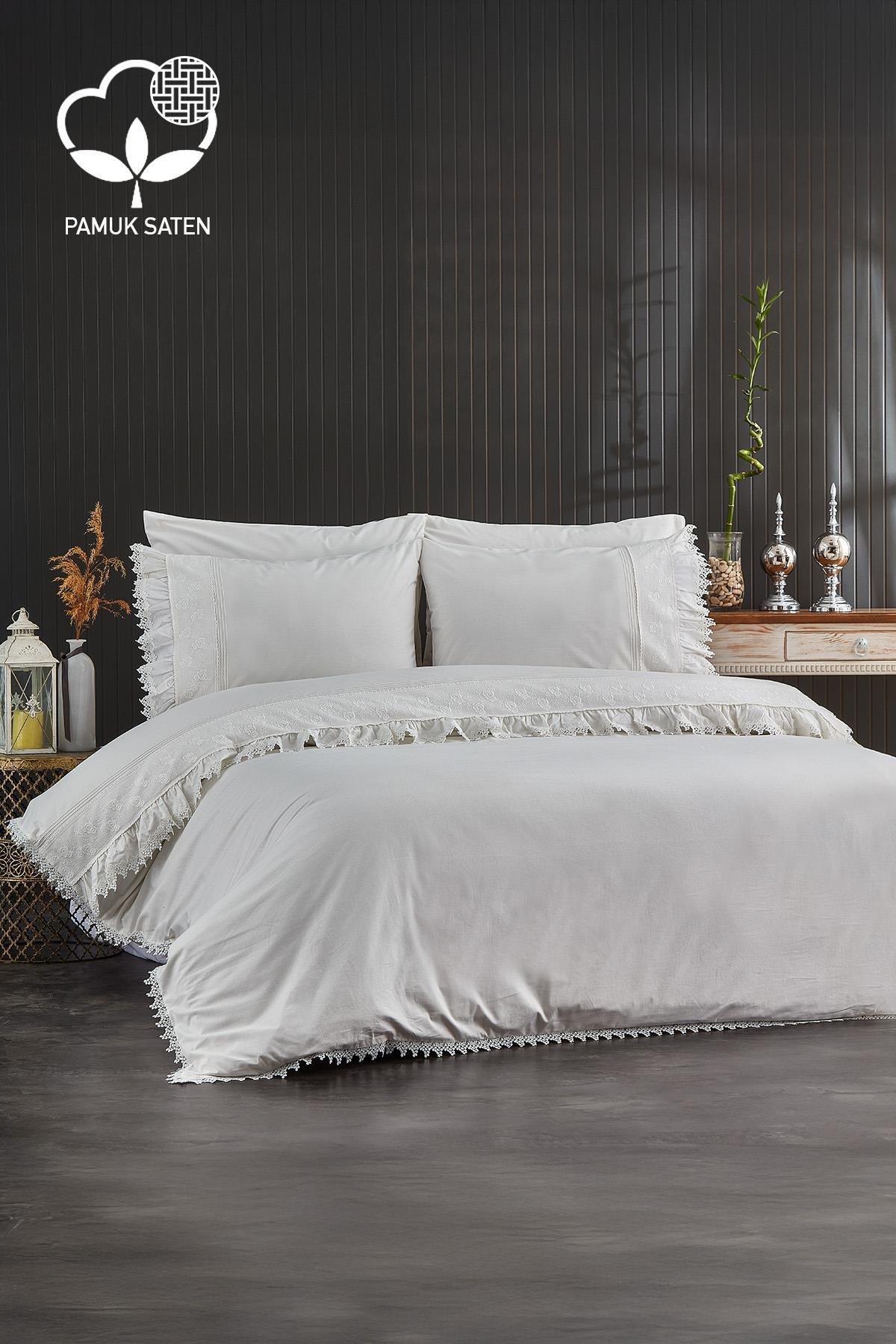 Alina Dantelli Pamuk Saten Çift Kişilik 6 Parça Nevresim Takımı - Nazik Home - Yuvama Değer!