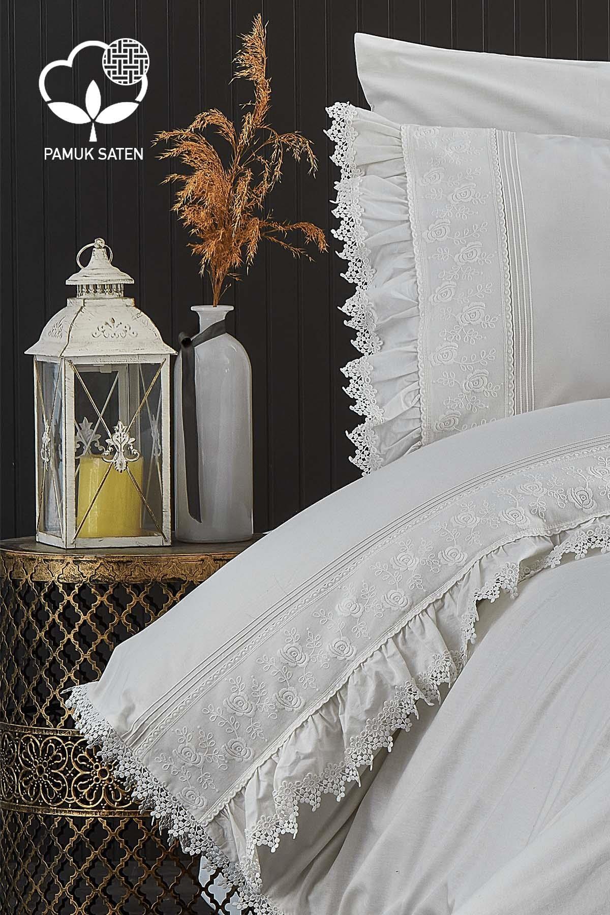 Alina Dantelli Pamuk Saten Çift Kişilik 6 Parça Nevresim Takımı - Nazik Home - Yuvama Değer!