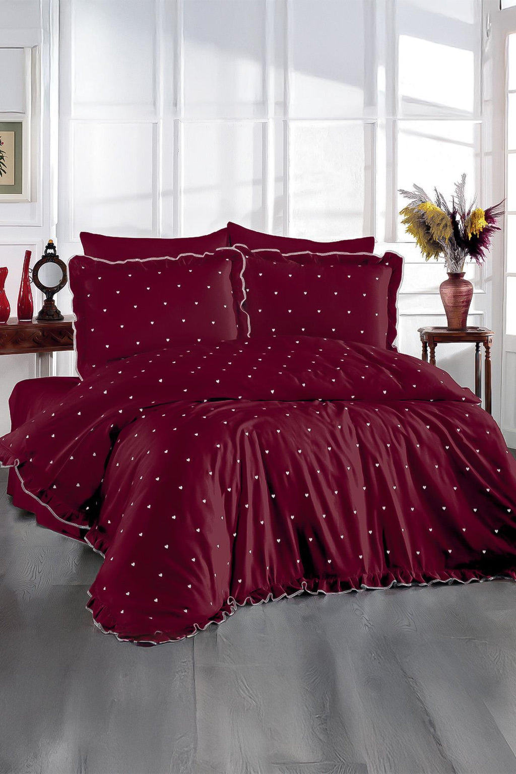 Amore Kalp Nakışlı Pamuk Saten King Size 6 Parça Nevresim Takımı - Nazik Home - Yuvama Değer!