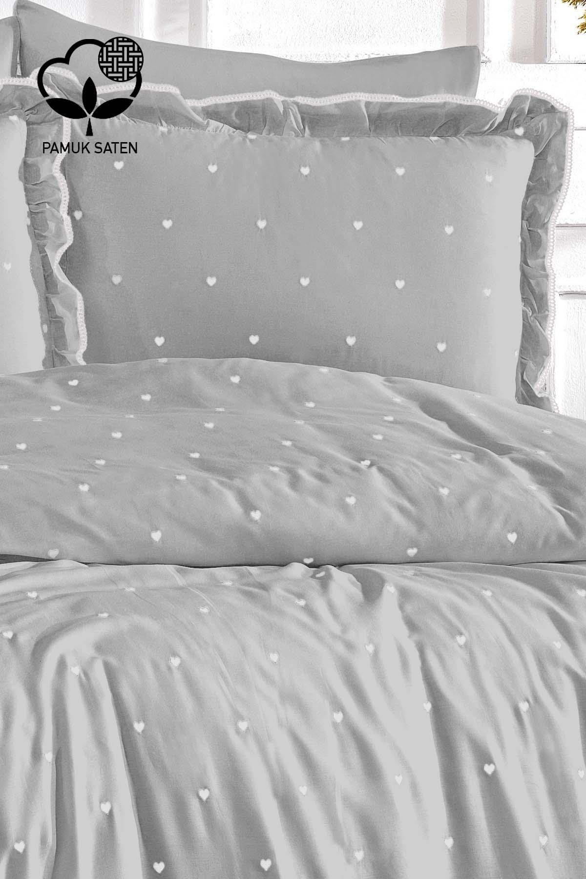 Amore Kalp Nakışlı Pamuk Saten King Size 6 Parça Nevresim Takımı - Nazik Home - Yuvama Değer!