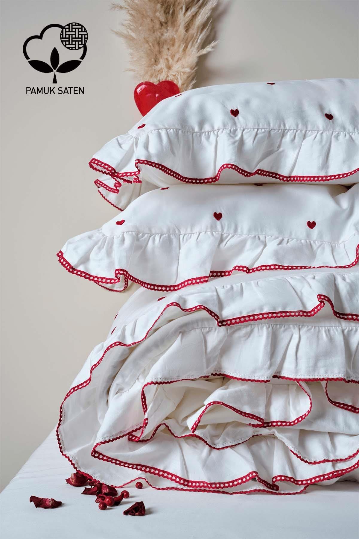 Amore Kalp Nakışlı Pamuk Saten King Size 6 Parça Nevresim Takımı - Nazik Home - Yuvama Değer!