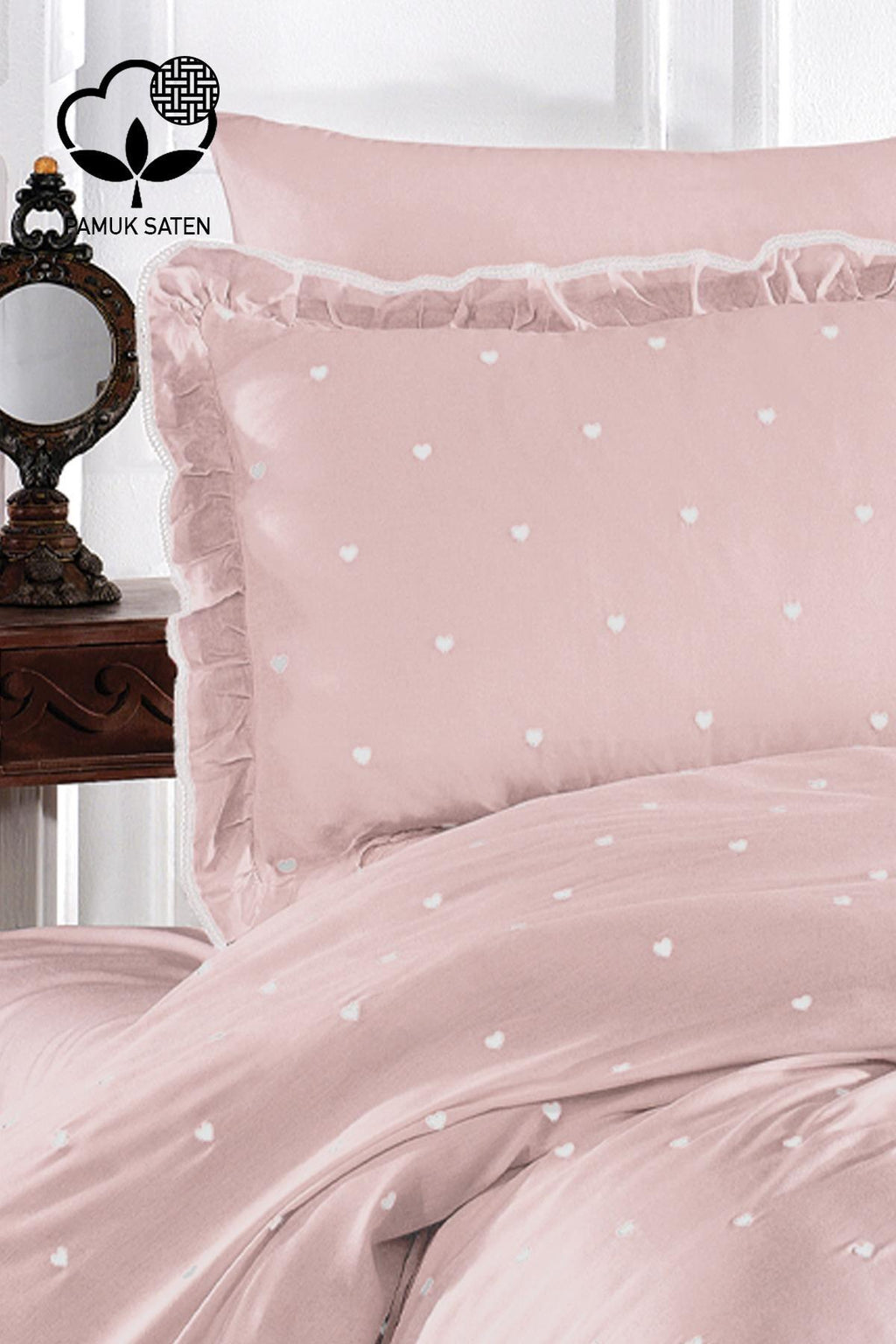 Amore Kalp Nakışlı Pamuk Saten King Size 6 Parça Nevresim Takımı - Nazik Home - Yuvama Değer!