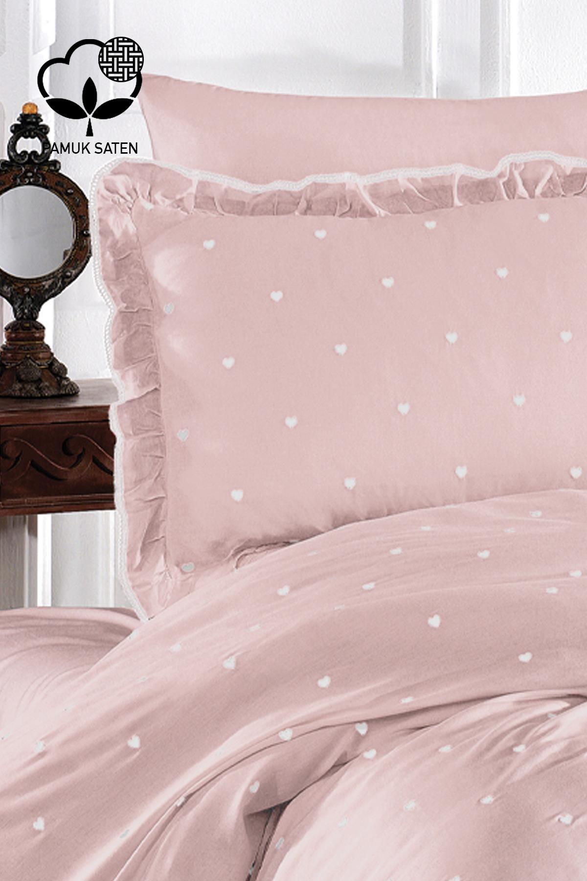 Amore Kalp Nakışlı Pamuk Saten King Size 6 Parça Nevresim Takımı - Nazik Home - Yuvama Değer!