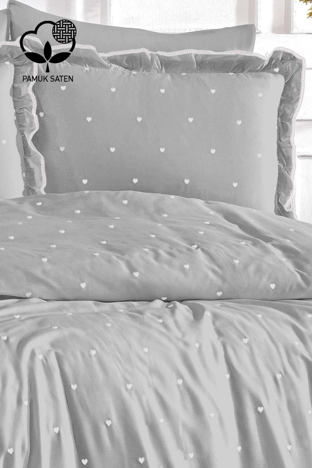 Amore Kalp Nakışlı Pamuk Saten Süper King Size 6 Parça Nevresim Takımı - Nazik Home - Yuvama Değer!