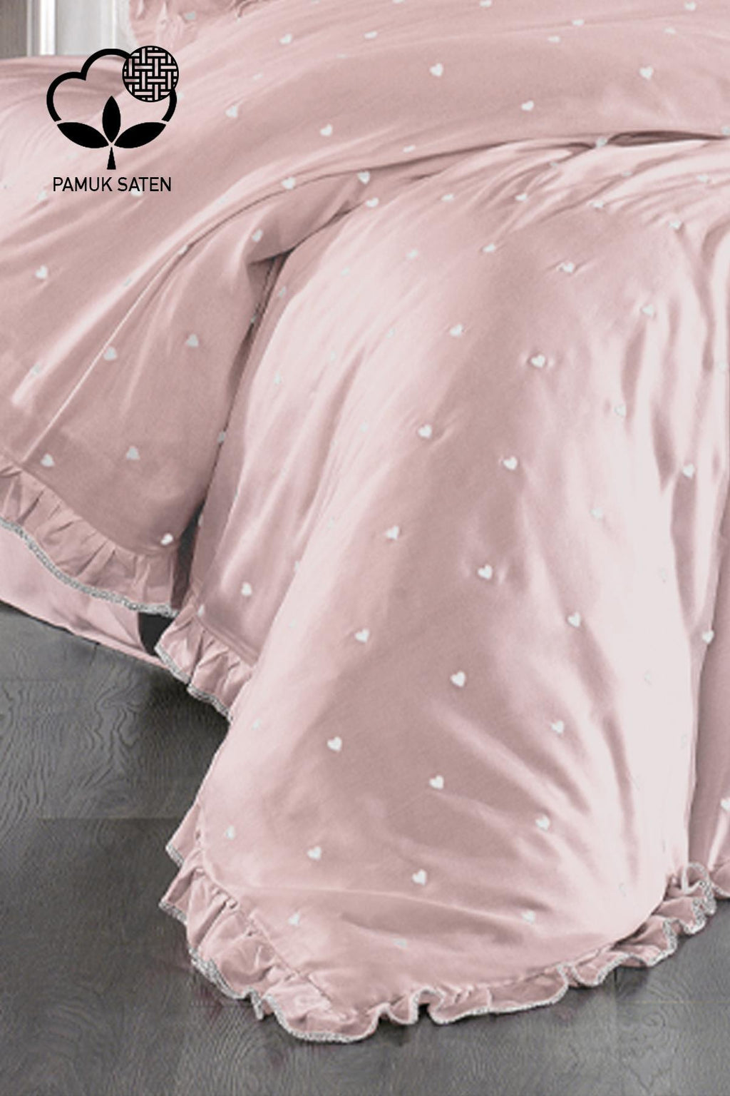 Amore Kalp Nakışlı Pamuk Saten Süper King Size 6 Parça Nevresim Takımı - Nazik Home - Yuvama Değer!