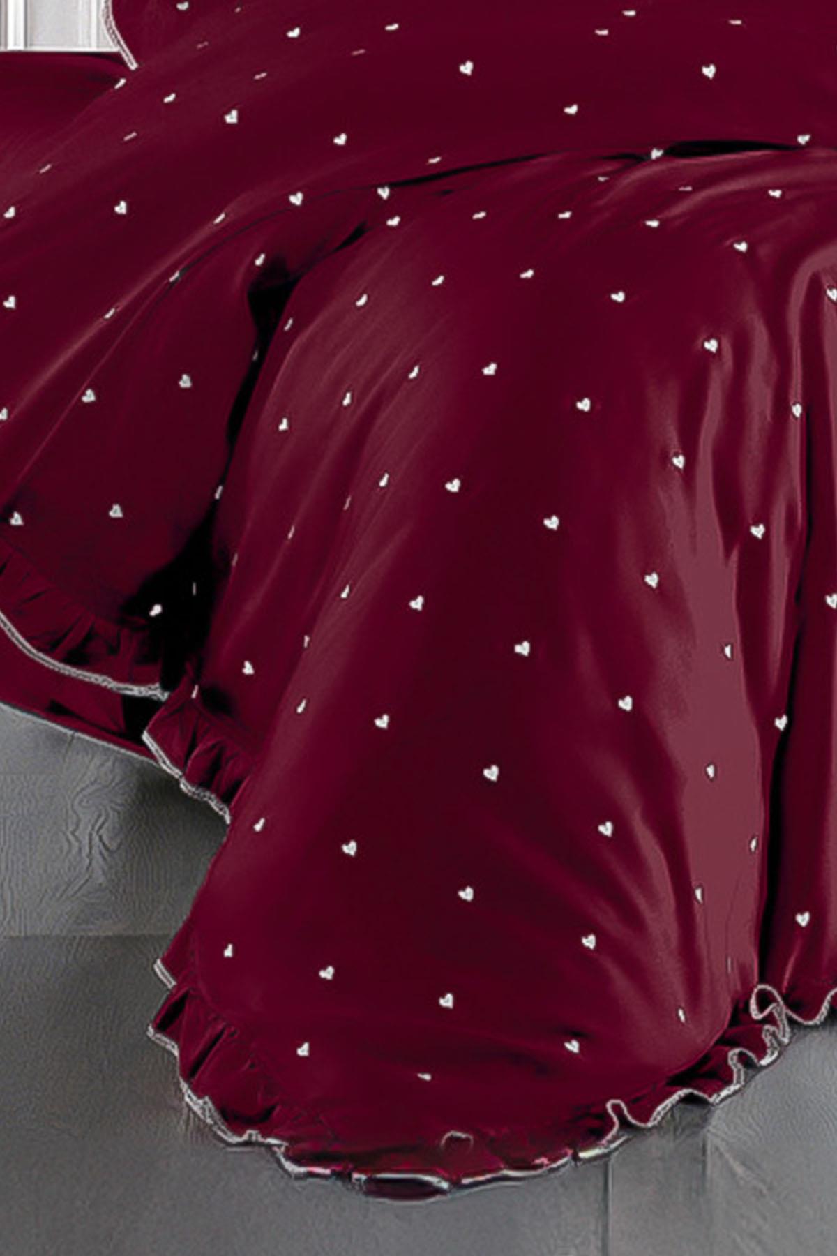 Amore Kalp Nakışlı Pamuk Saten Tek Kişilik 4 Parça Nevresim Takımı