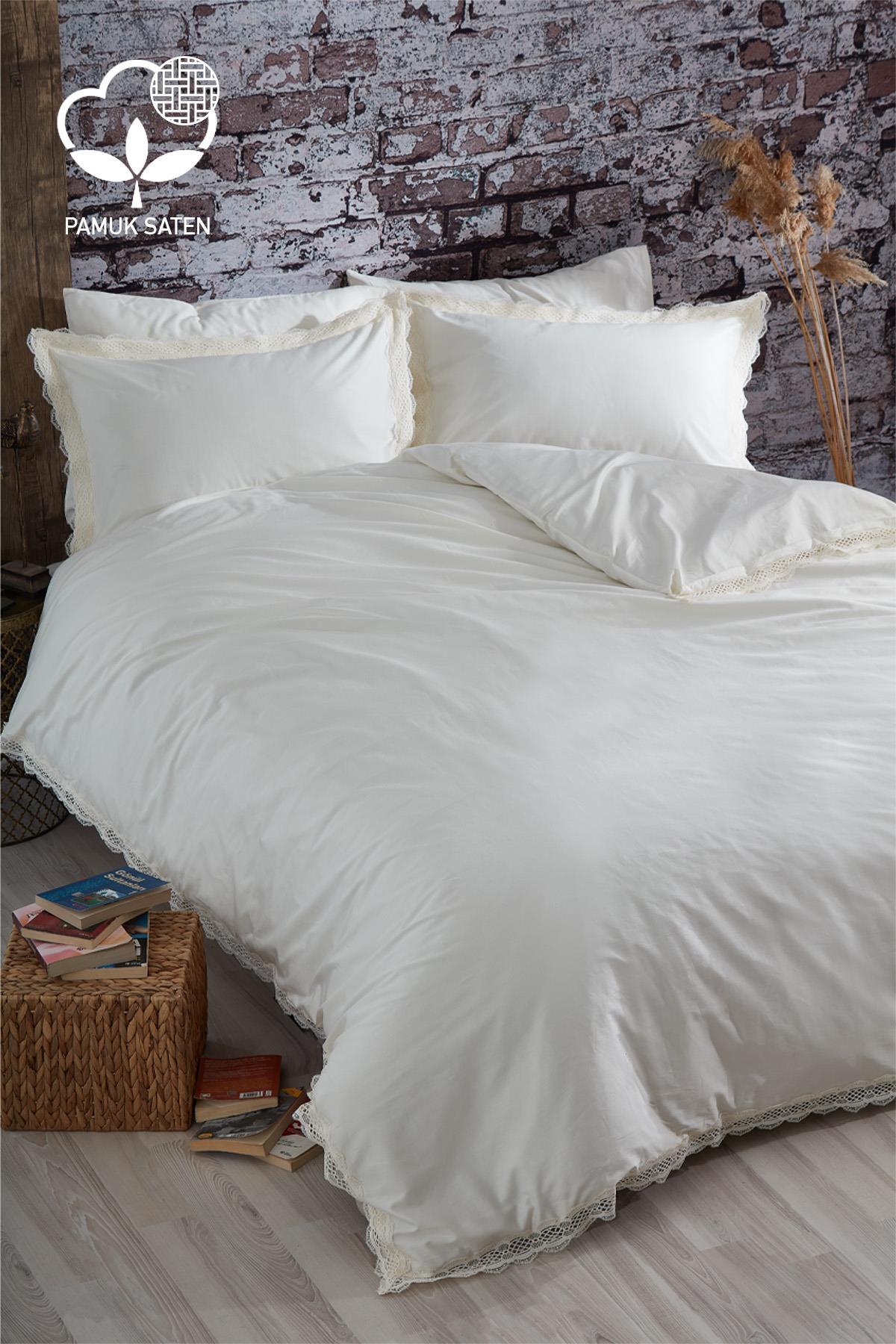 Asel 300 TC Dantelli Pamuk Saten Süper King Size 6 Parça Nevresim Takımı - Nazik Home - Yuvama Değer!