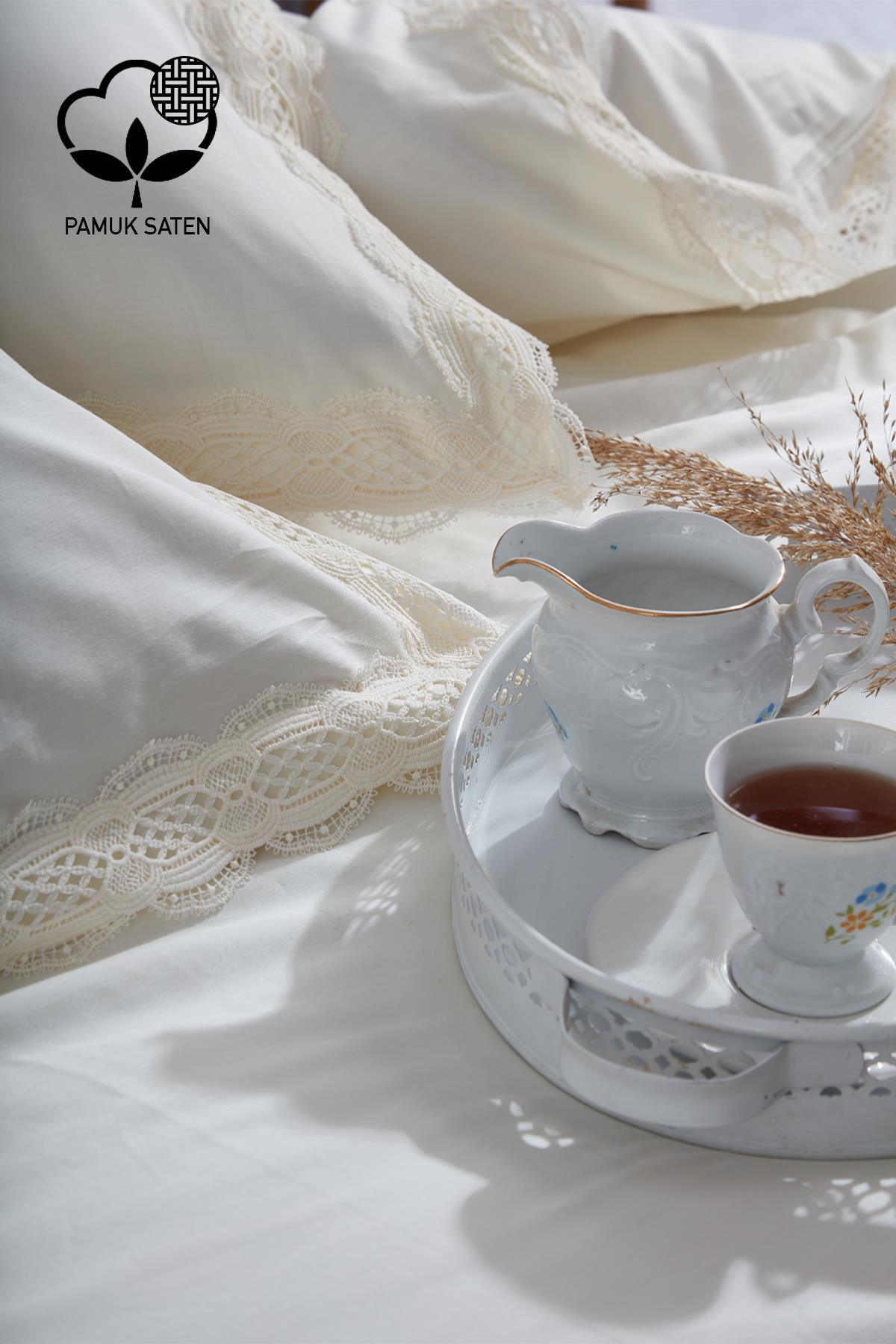 Asel 300 TC Dantelli Pamuk Saten Süper King Size 6 Parça Nevresim Takımı - Nazik Home - Yuvama Değer!