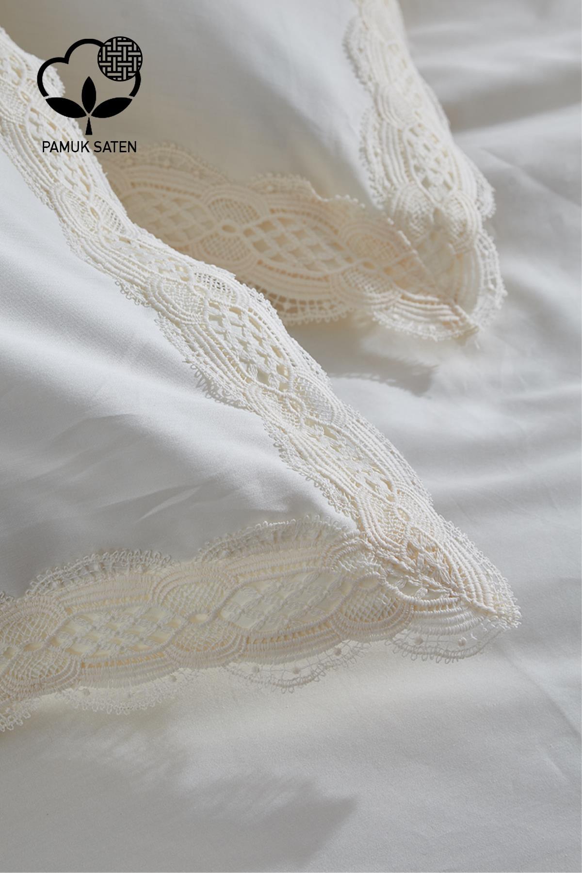 Asel 300 TC Dantelli Pamuk Saten Süper King Size 6 Parça Nevresim Takımı - Nazik Home - Yuvama Değer!