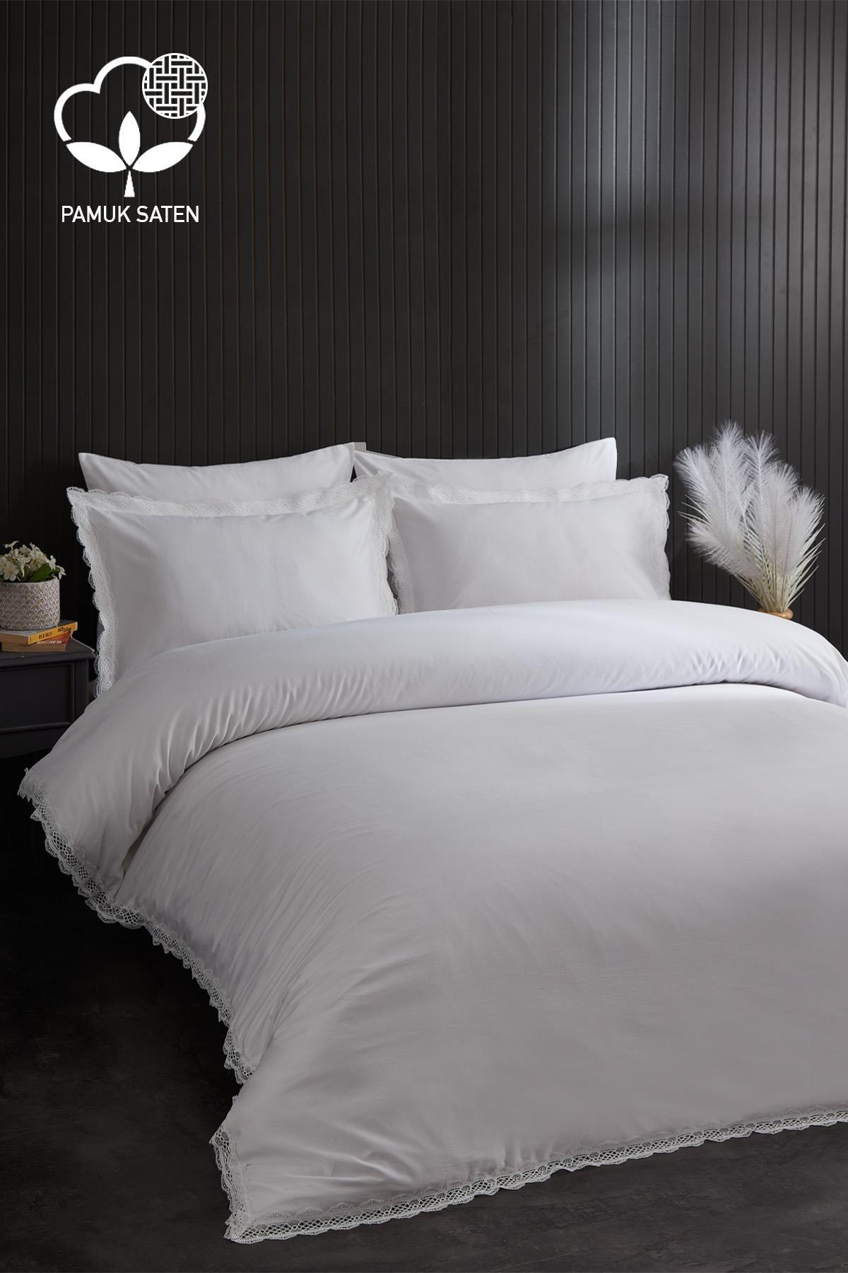 Asel 300 TC Dantelli Pamuk Saten Süper King Size 6 Parça Nevresim Takımı - Nazik Home - Yuvama Değer!