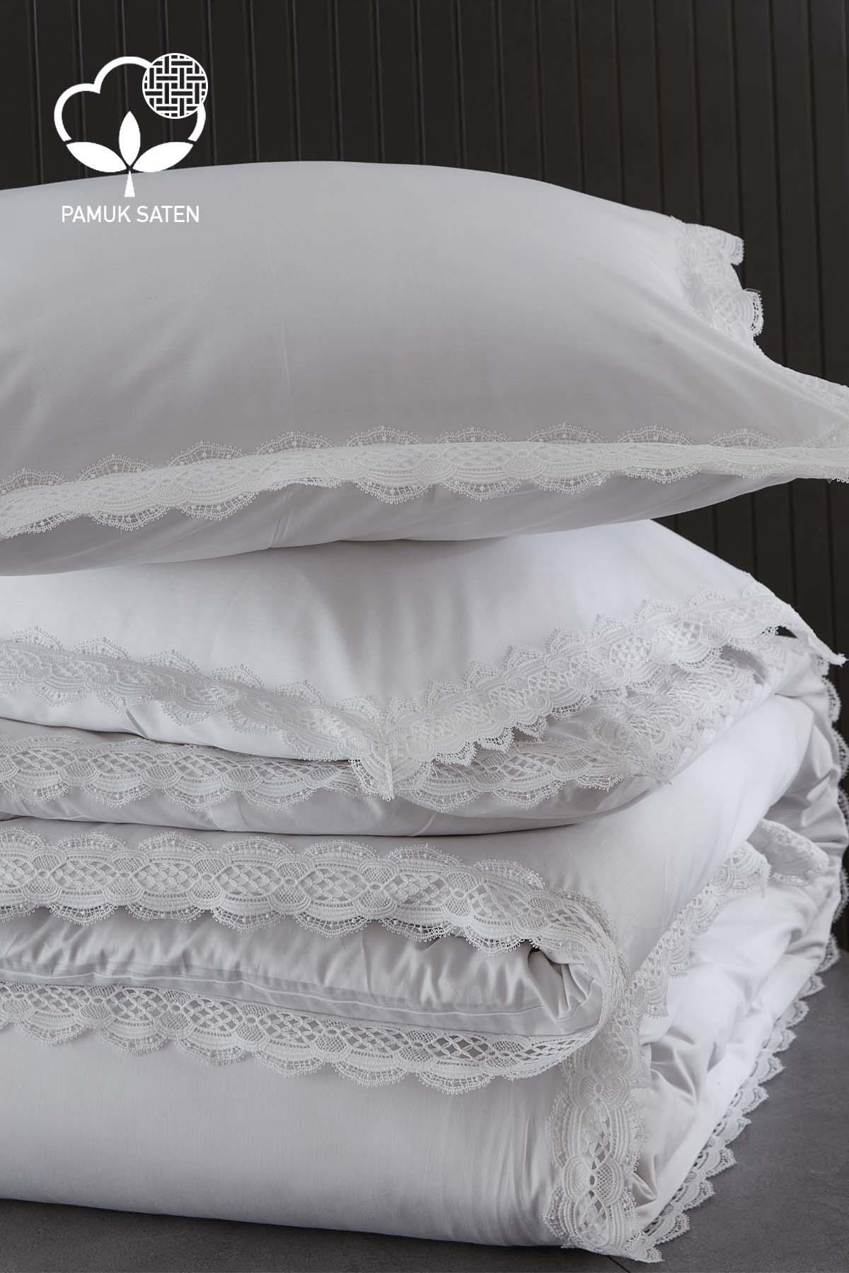 Asel 300 TC Dantelli Pamuk Saten Süper King Size 6 Parça Nevresim Takımı - Nazik Home - Yuvama Değer!