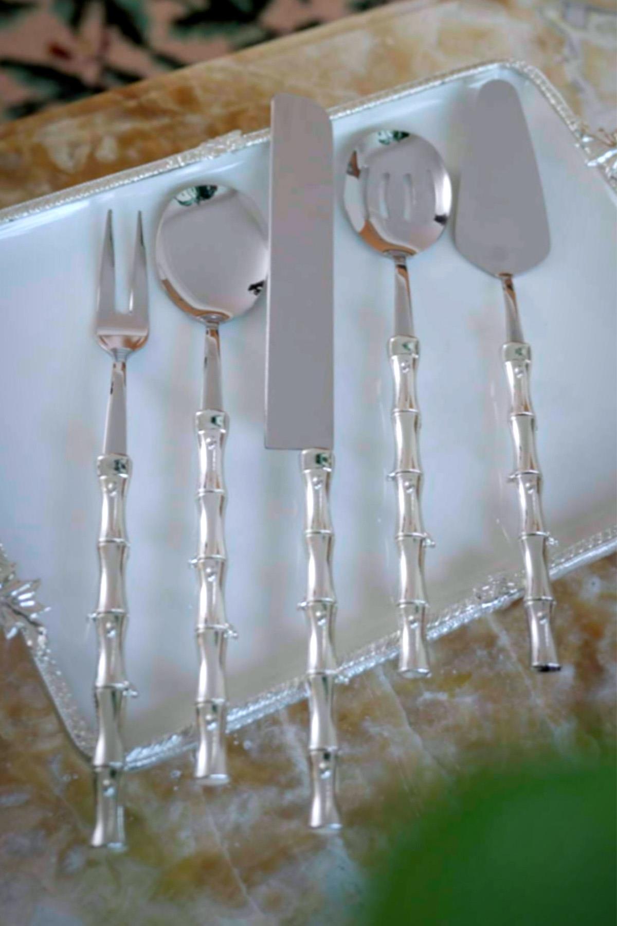 Bamboo Gümüş Servis Seti (5 Parça) - Nazik Home - Yuvama Değer!