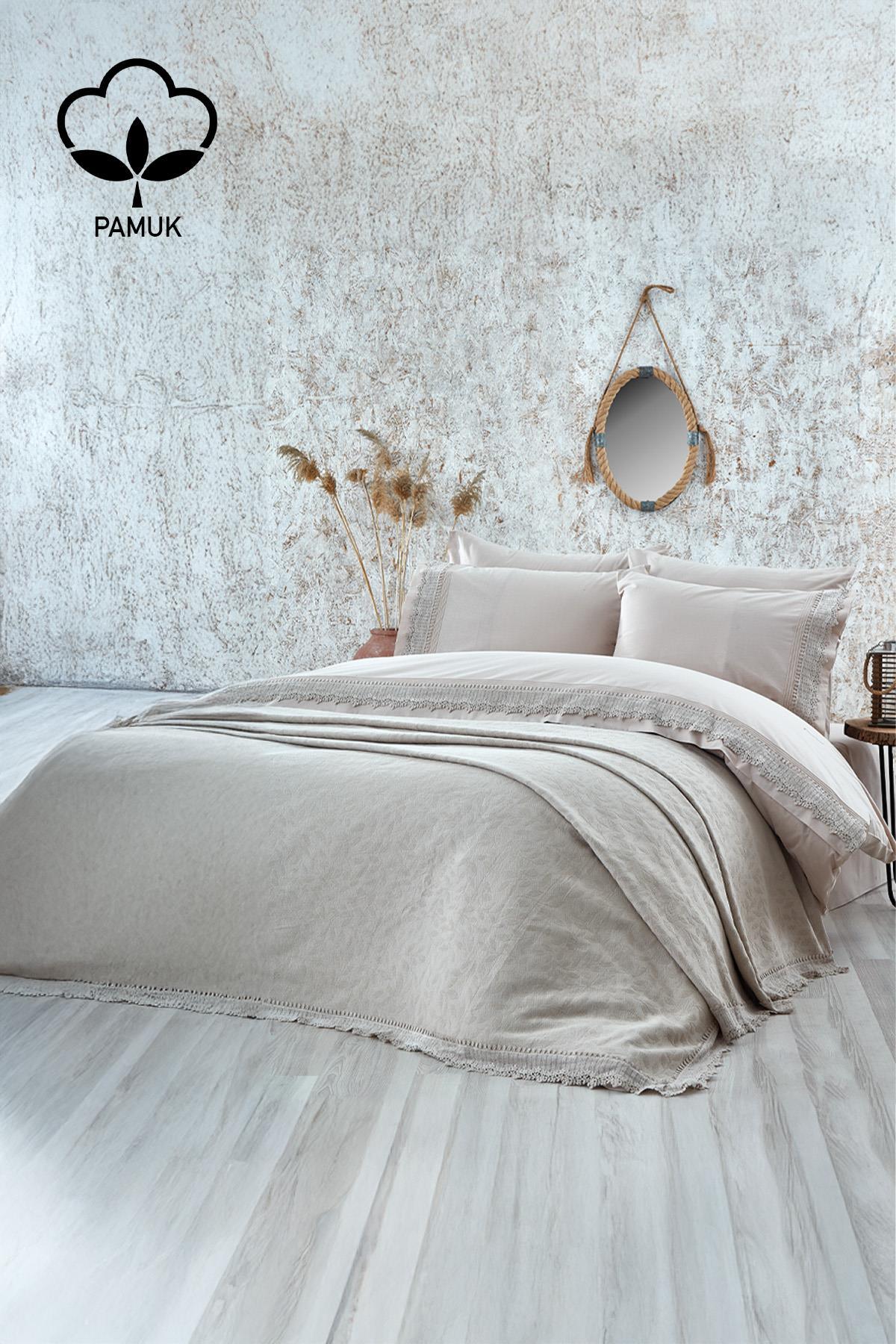 Cadiz Dantelli Çift Kişilik 7 Parça Nevresim + Pike Set - Nazik Home - Yuvama Değer!