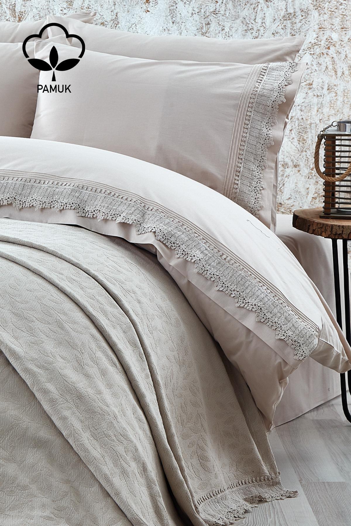 Cadiz Dantelli Çift Kişilik 7 Parça Nevresim + Pike Set – Nazik