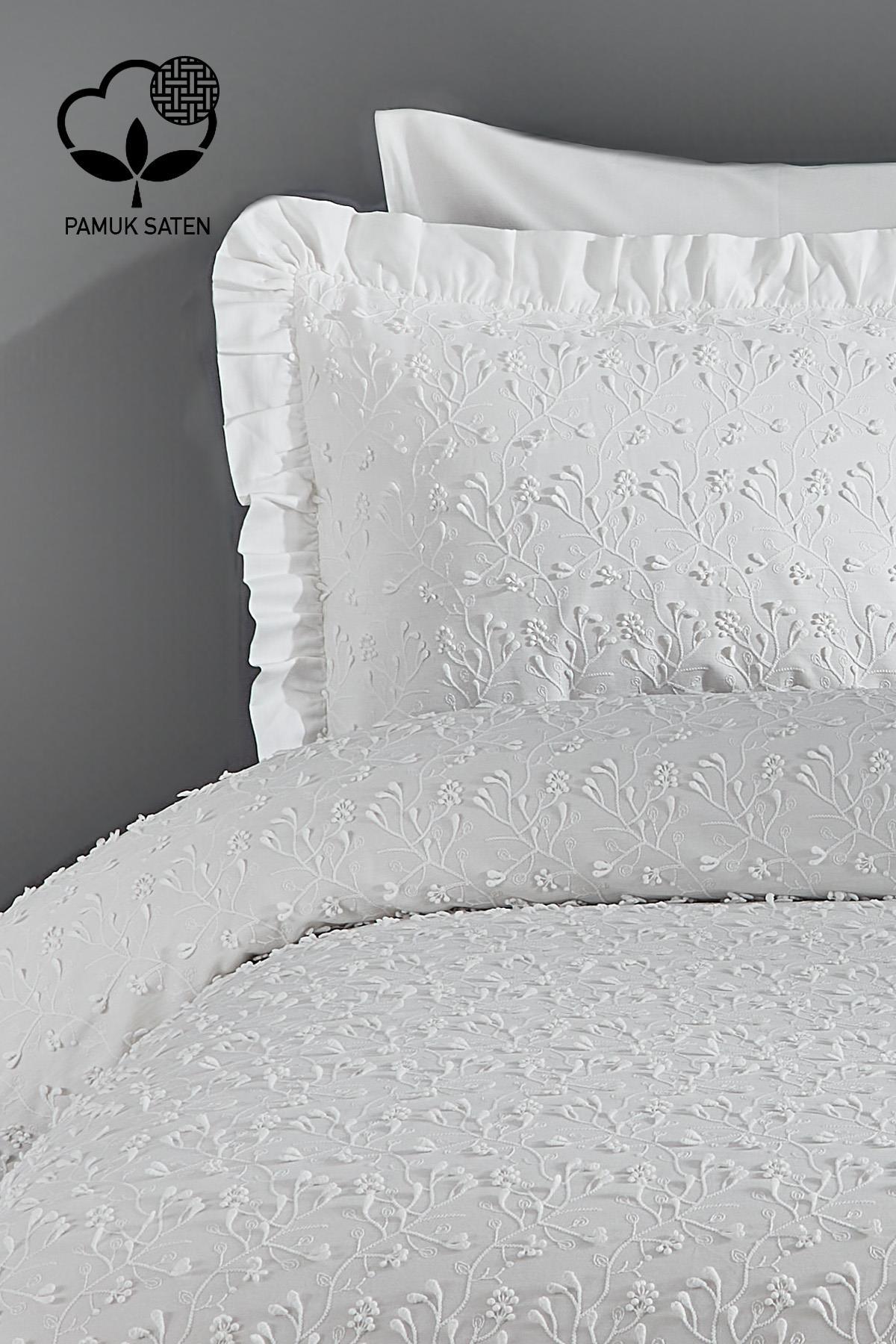 Celine İşlemeli Pamuk Saten Çift Kişilik 6 Parça Nevresim Takımı - Nazik Home - Yuvama Değer!