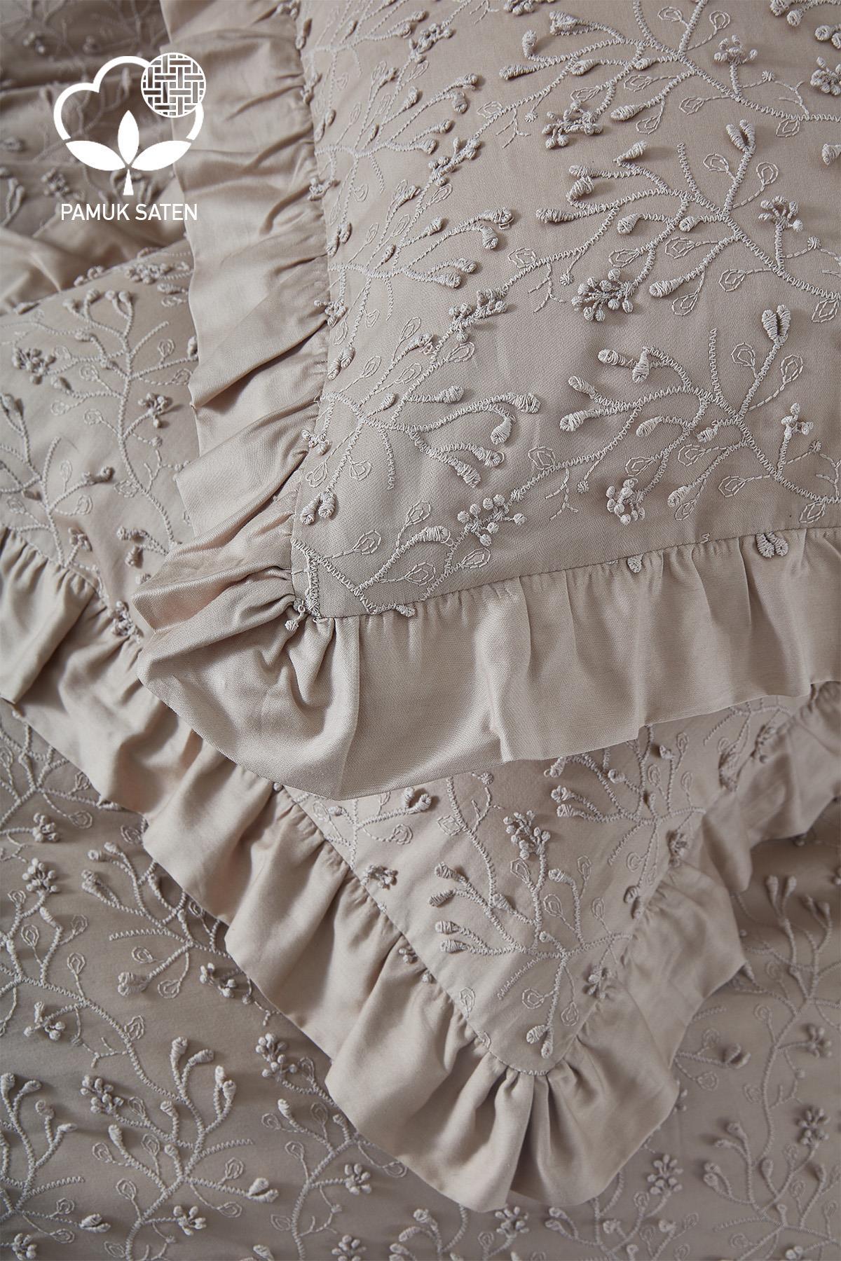 Celine İşlemeli Pamuk Saten Çift Kişilik 6 Parça Nevresim Takımı - Nazik Home - Yuvama Değer!