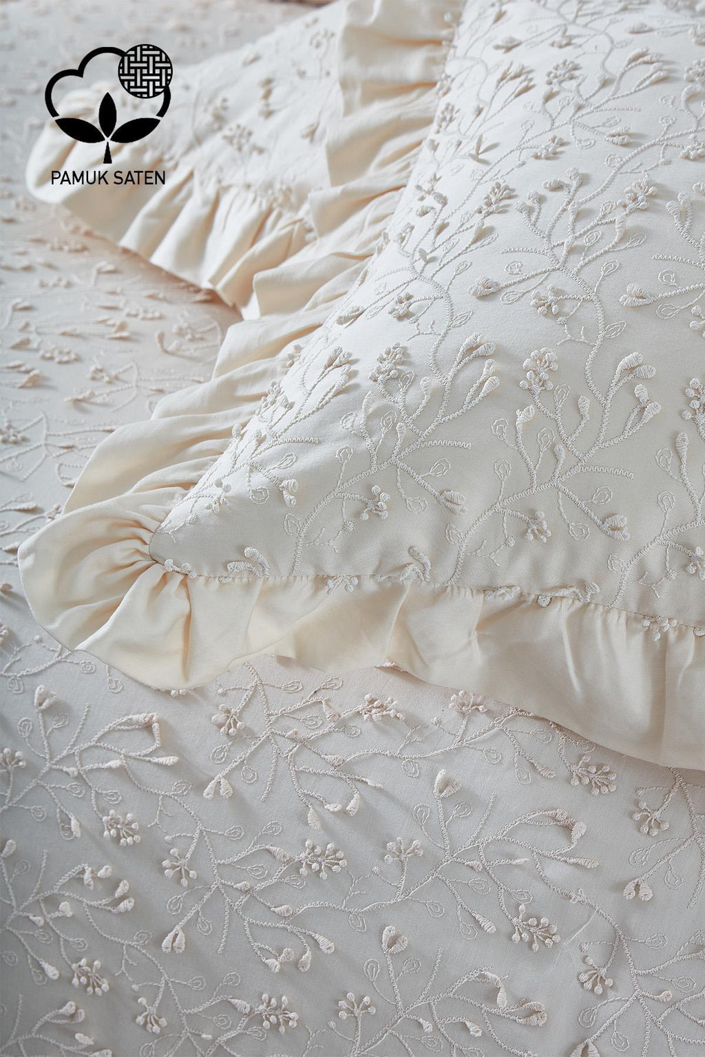 Celine İşlemeli Pamuk Saten Çift Kişilik 6 Parça Nevresim Takımı - Nazik Home - Yuvama Değer!