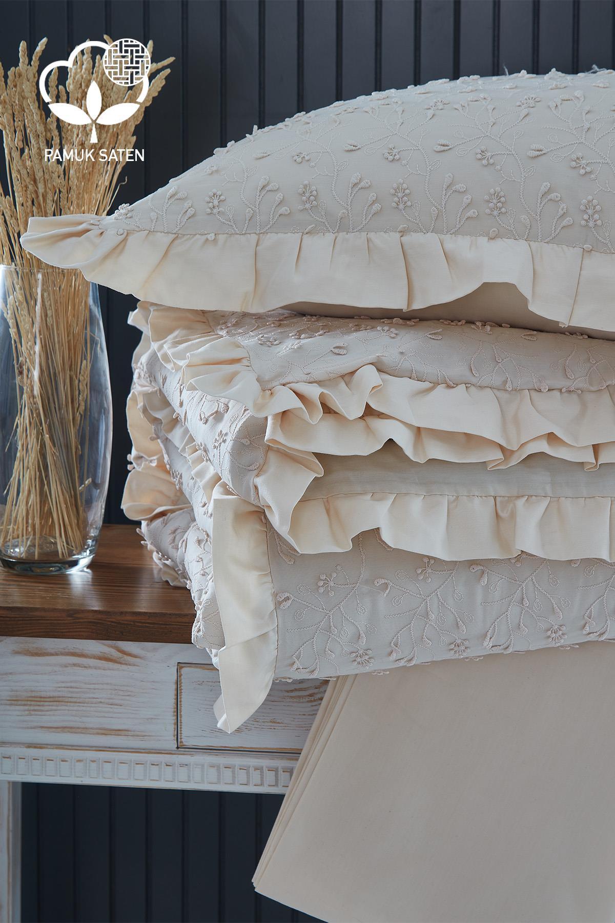 Celine İşlemeli Pamuk Saten King Size 6 Parça Nevresim Takımı - Nazik Home - Yuvama Değer!