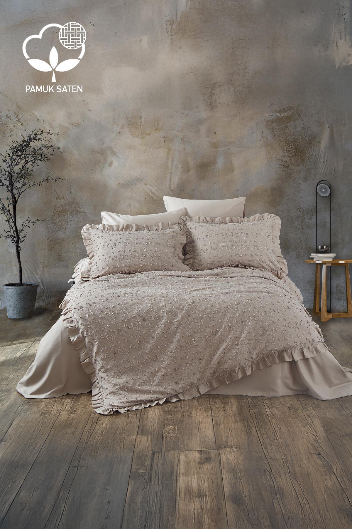 Celine İşlemeli Pamuk Saten King Size 6 Parça Nevresim Takımı - Nazik Home - Yuvama Değer!