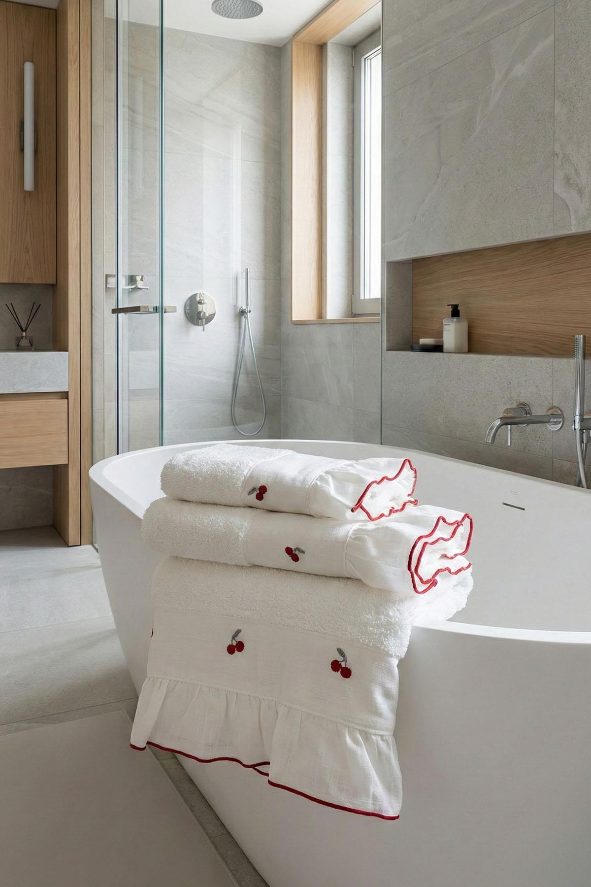 Cherry Kiraz Nakışlı Banyo Havlusu (90 x 150 cm)