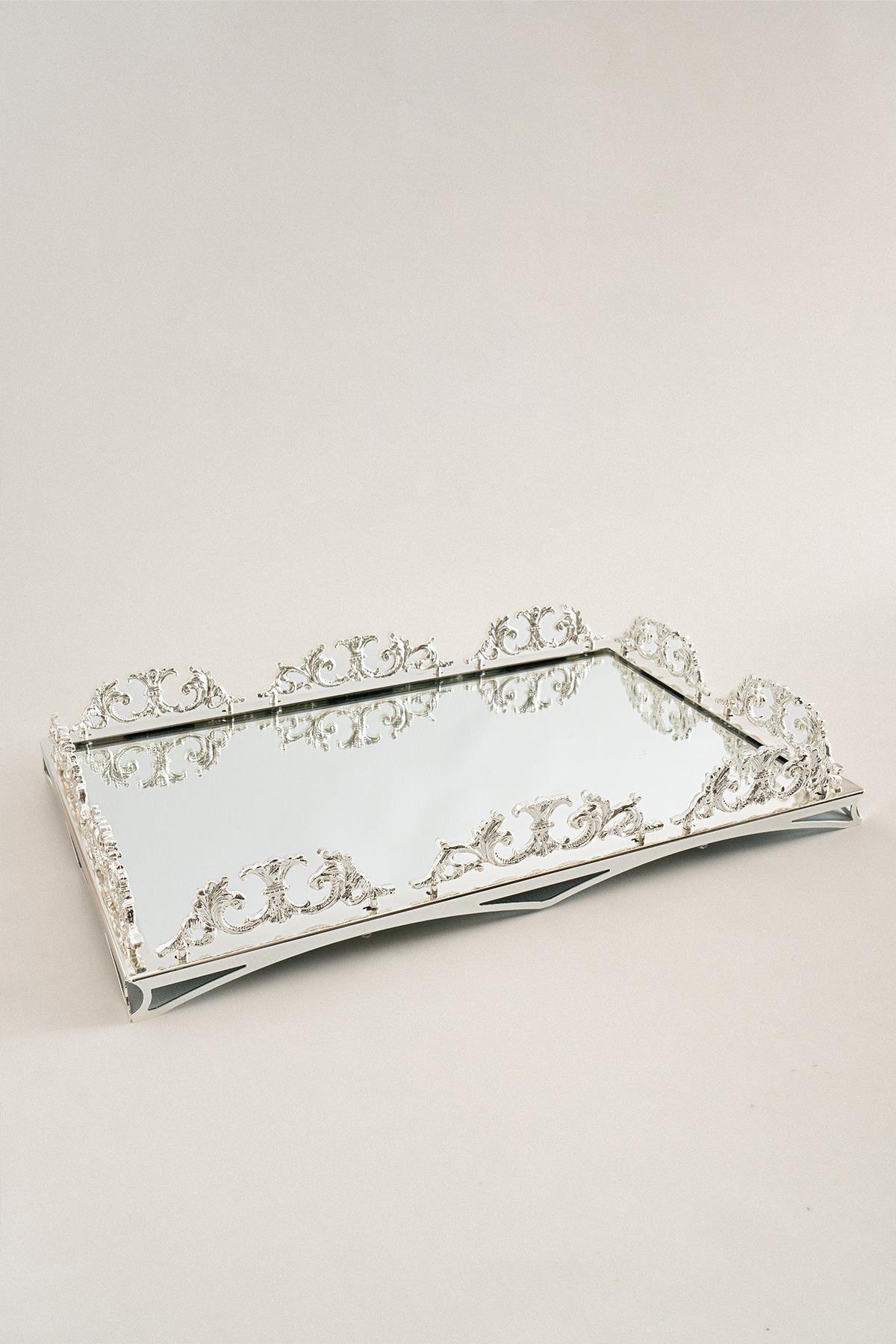 Elite Taç İşlemeli Dikdörtgen Gümüş Büyük Tepsi (46 x 32 cm) - Nazik Home - Yuvama Değer!