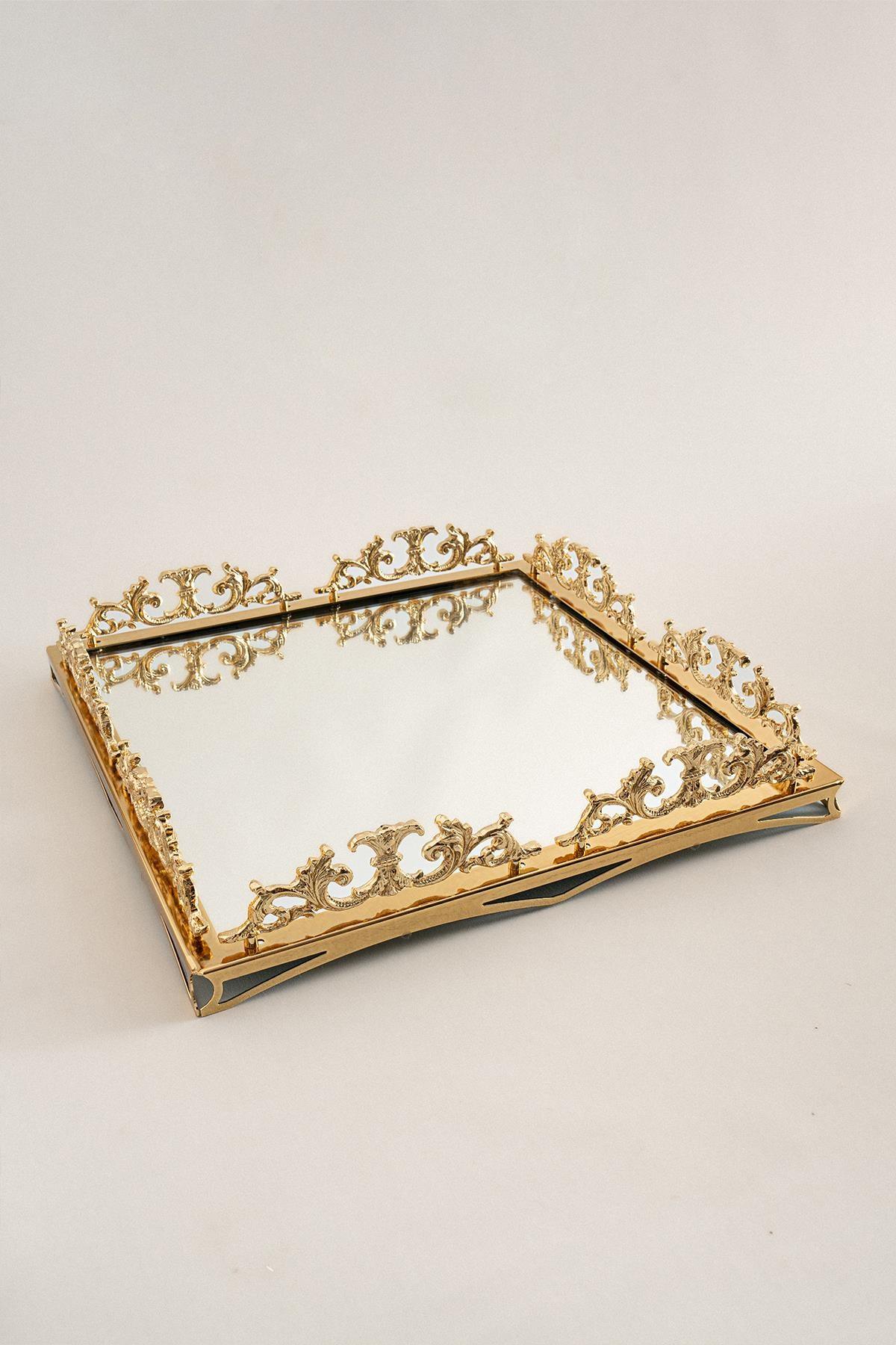 Elite Taç İşlemeli Kare Altın Büyük Tepsi (47 x 47 cm) - Nazik Home - Yuvama Değer!