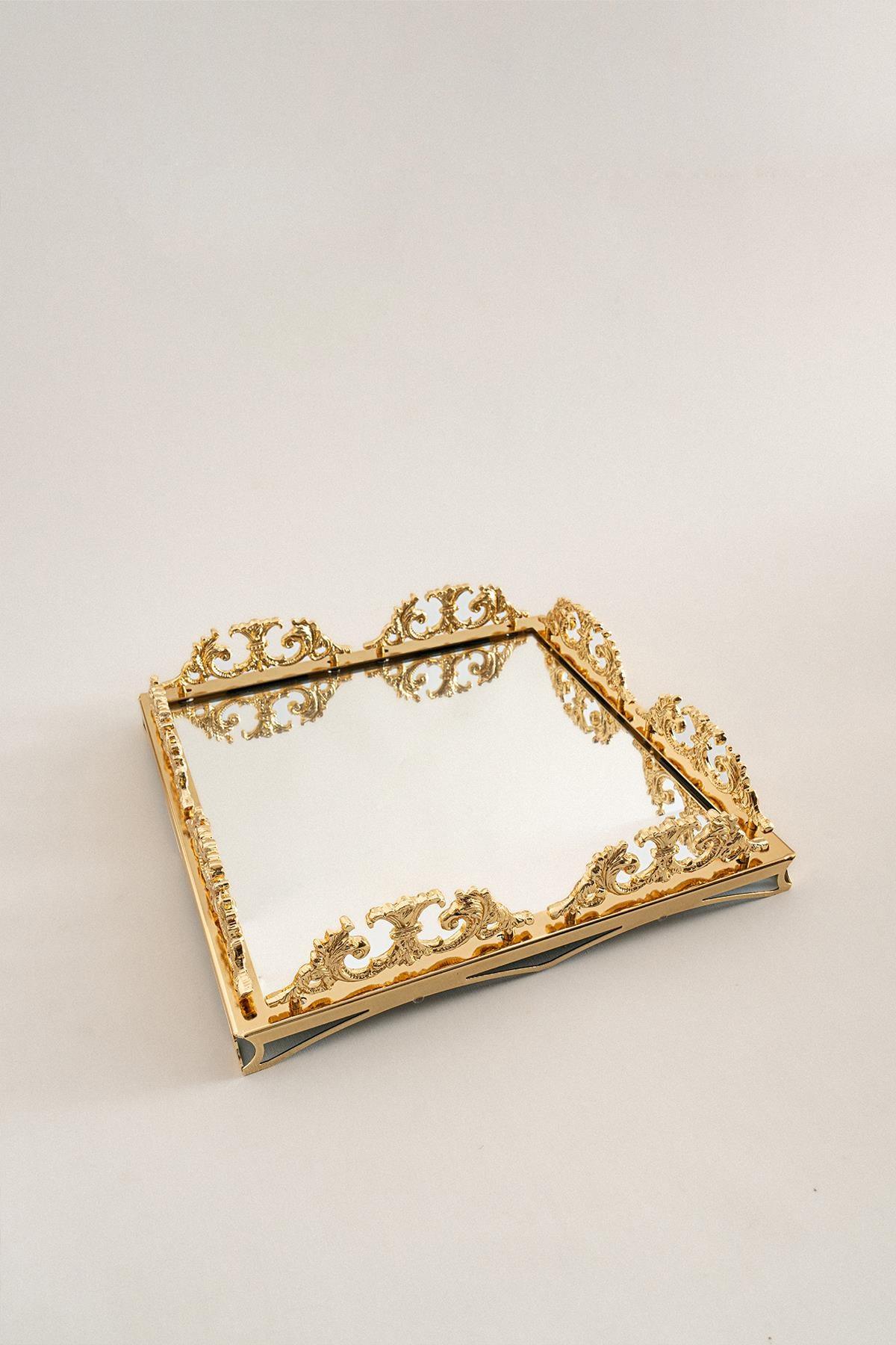 Elite Taç İşlemeli Kare Altın Orta Tepsi (37 x 37 cm) - Nazik Home - Yuvama Değer!