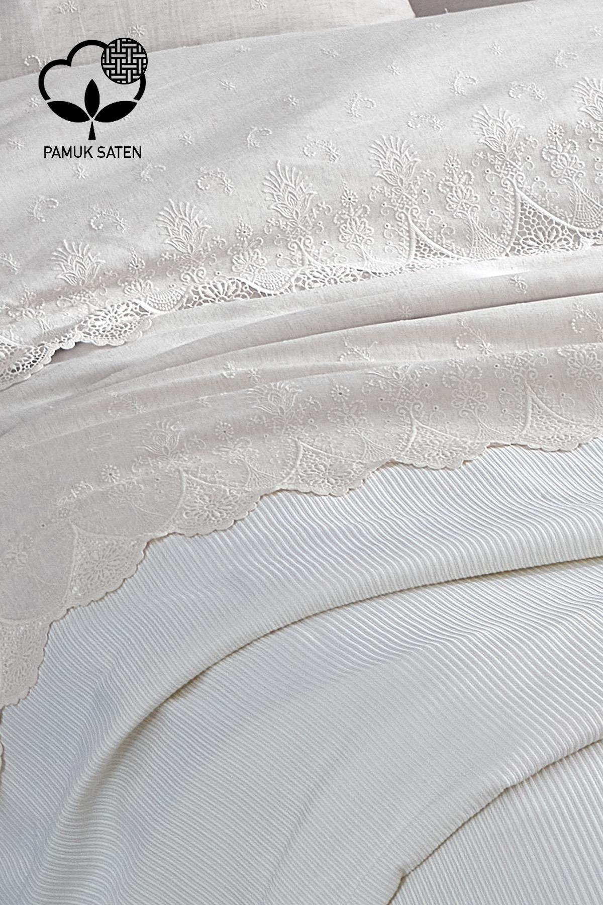 Emma Dantelli Çift Kişilik 7 Parça Nevresim + Pike Set - Nazik Home - Yuvama Değer!