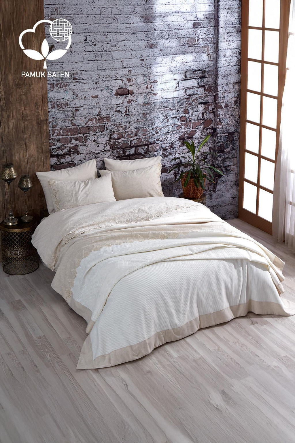 Emma Dantelli Çift Kişilik 7 Parça Nevresim + Pike Set - Nazik Home - Yuvama Değer!