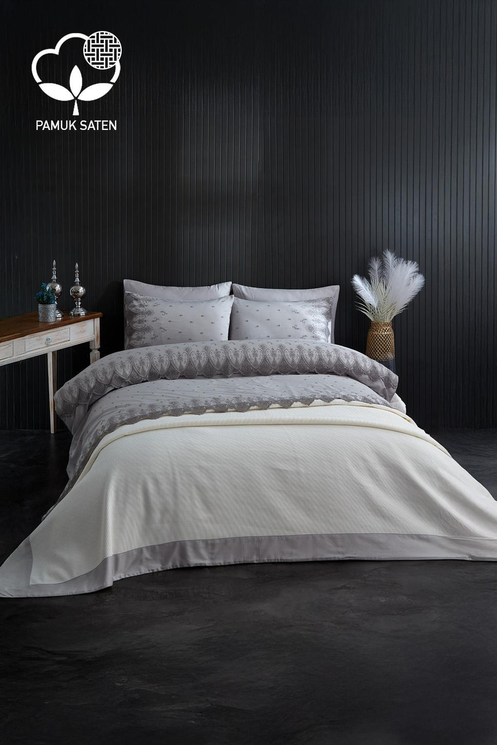 Emma Dantelli Çift Kişilik 7 Parça Nevresim + Pike Set - Nazik Home - Yuvama Değer!