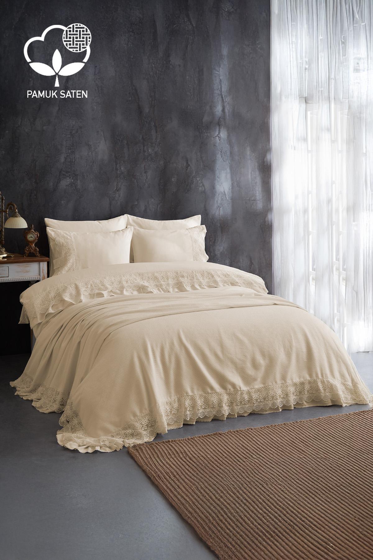 Espina Dantelli Çift Kişilik 7 Parça Nevresim + Pike Set - Nazik Home - Yuvama Değer!