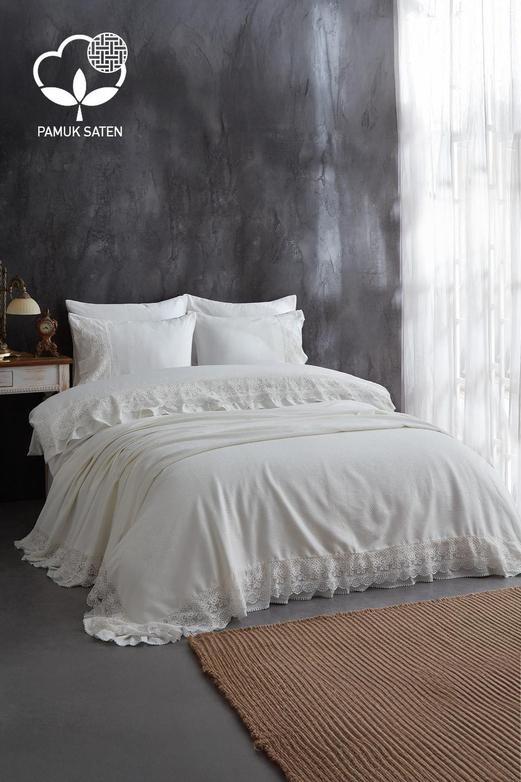 Espina Dantelli Süper King Size 7 Parça Nevresim + Pike Set - Nazik Home - Yuvama Değer!