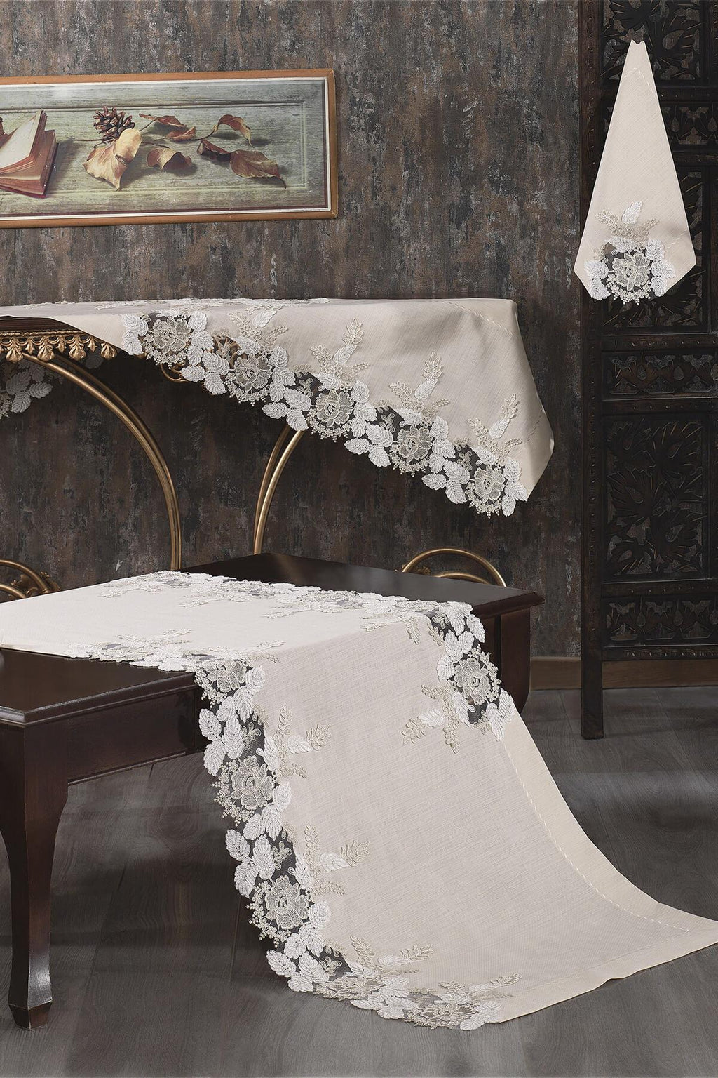 Floransa Dantelli Leke Tutmaz 5 Parça Salon Örtü Takımı