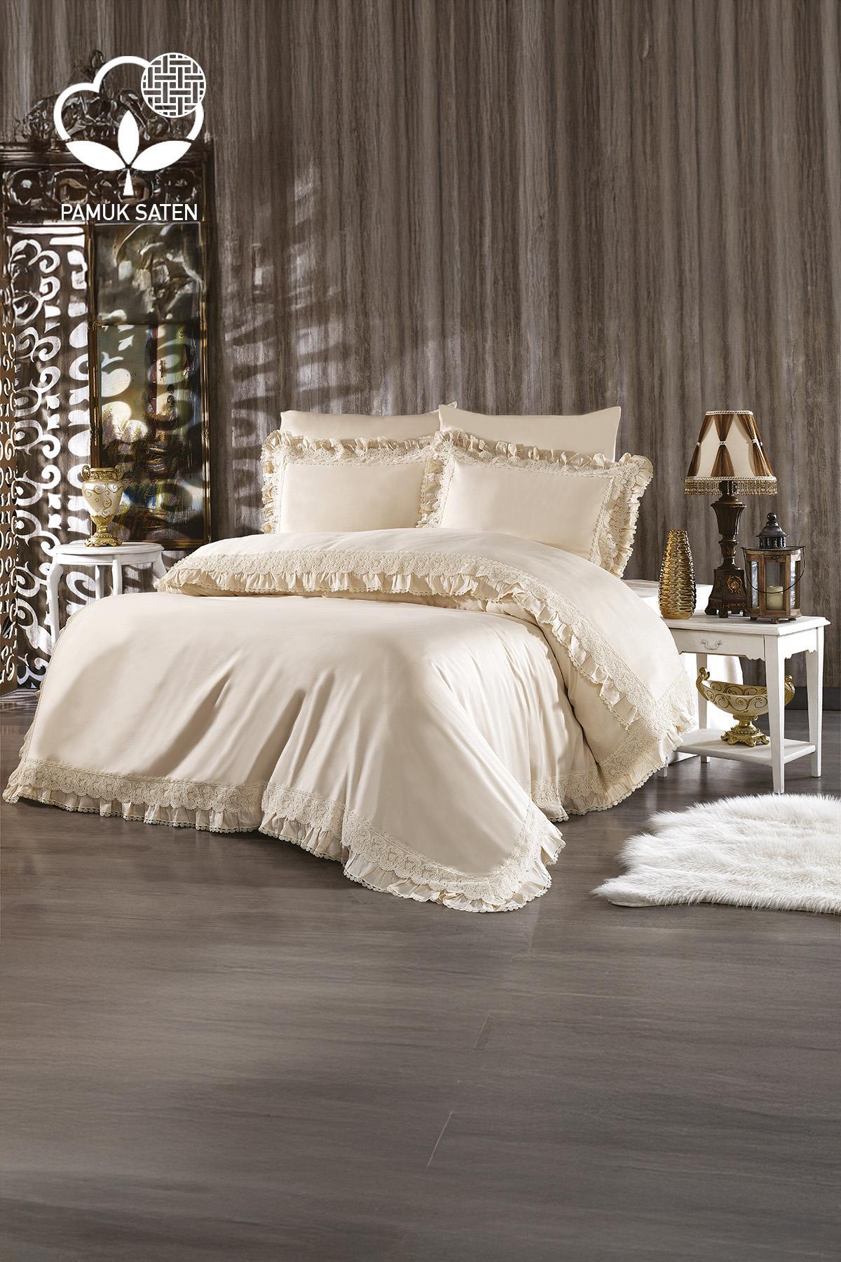 Helen Dantelli Organik Pamuk Saten Çift Kişilik Nevresim Takımı - Nazik Home - Yuvama Değer!