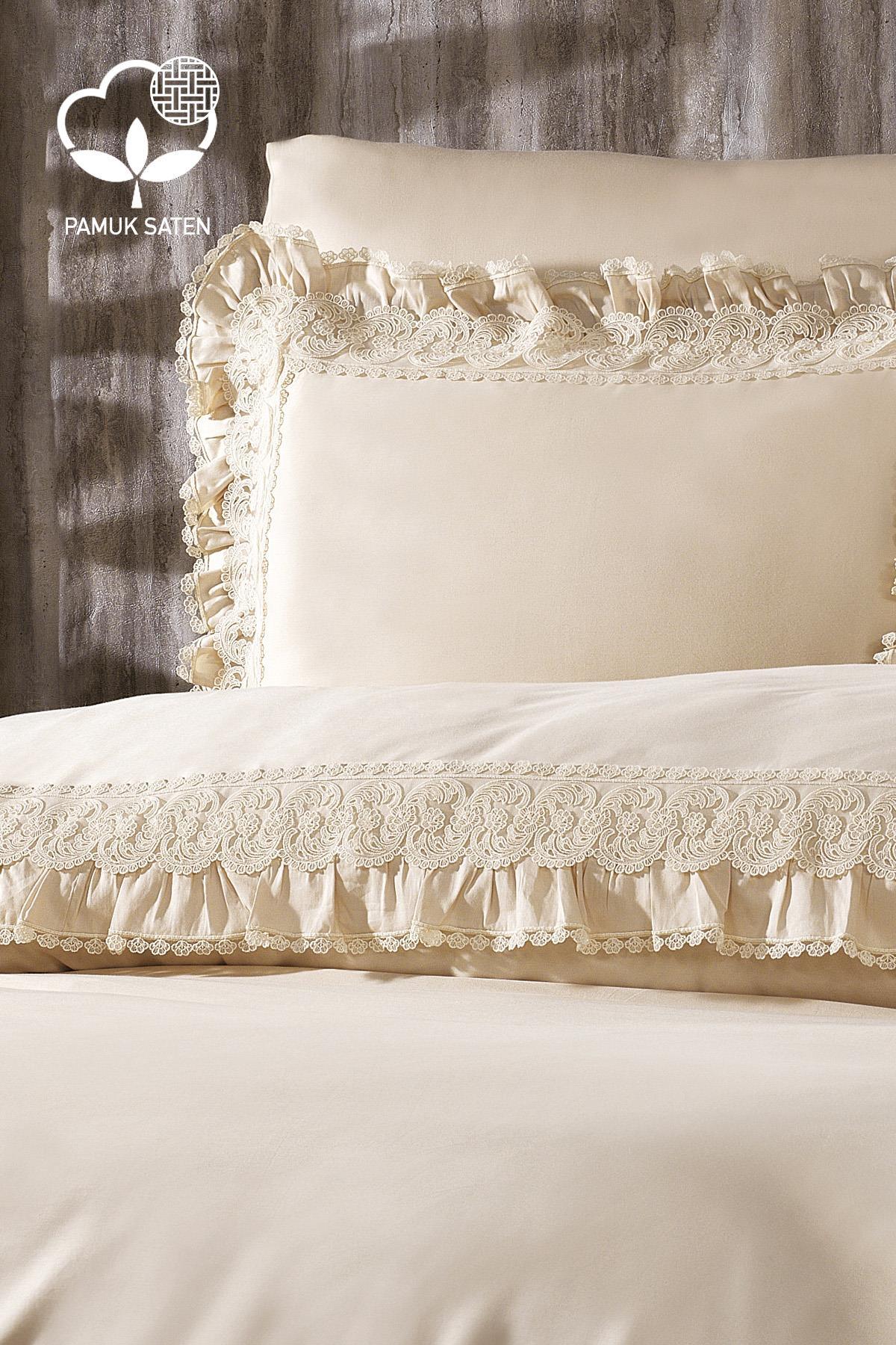 Helen Dantelli Organik Pamuk Saten Çift Kişilik Nevresim Takımı - Nazik Home - Yuvama Değer!