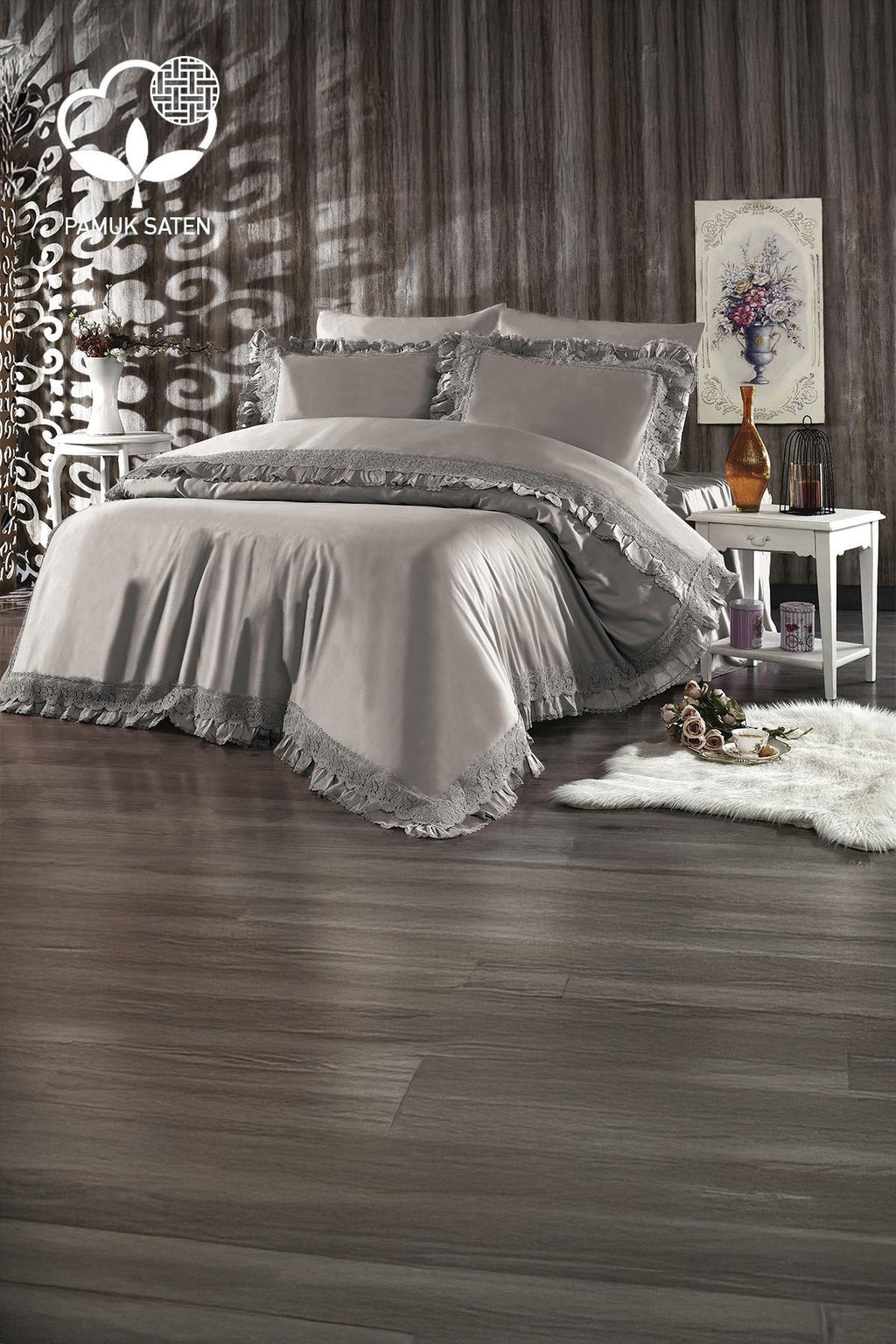 Helen Dantelli Organik Pamuk Saten Çift Kişilik Nevresim Takımı - Nazik Home - Yuvama Değer!