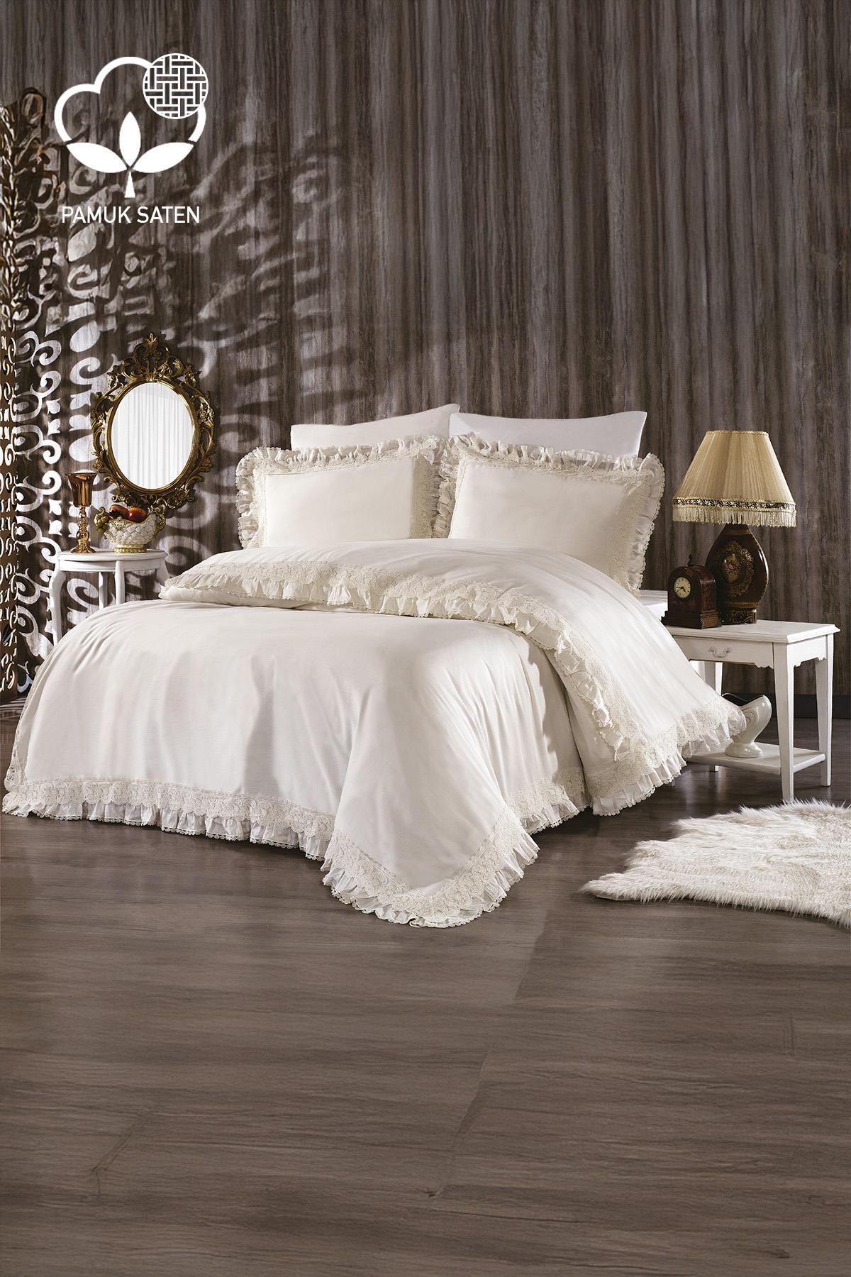 Helen Dantelli Organik Pamuk Saten Çift Kişilik Nevresim Takımı - Nazik Home - Yuvama Değer!