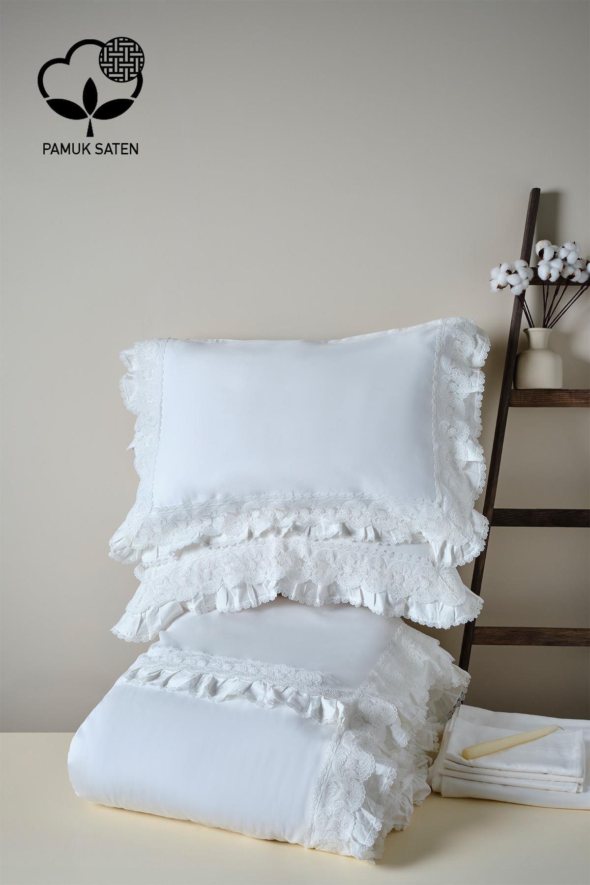 Helen Dantelli Organik Pamuk Saten Çift Kişilik Nevresim Takımı - Nazik Home - Yuvama Değer!