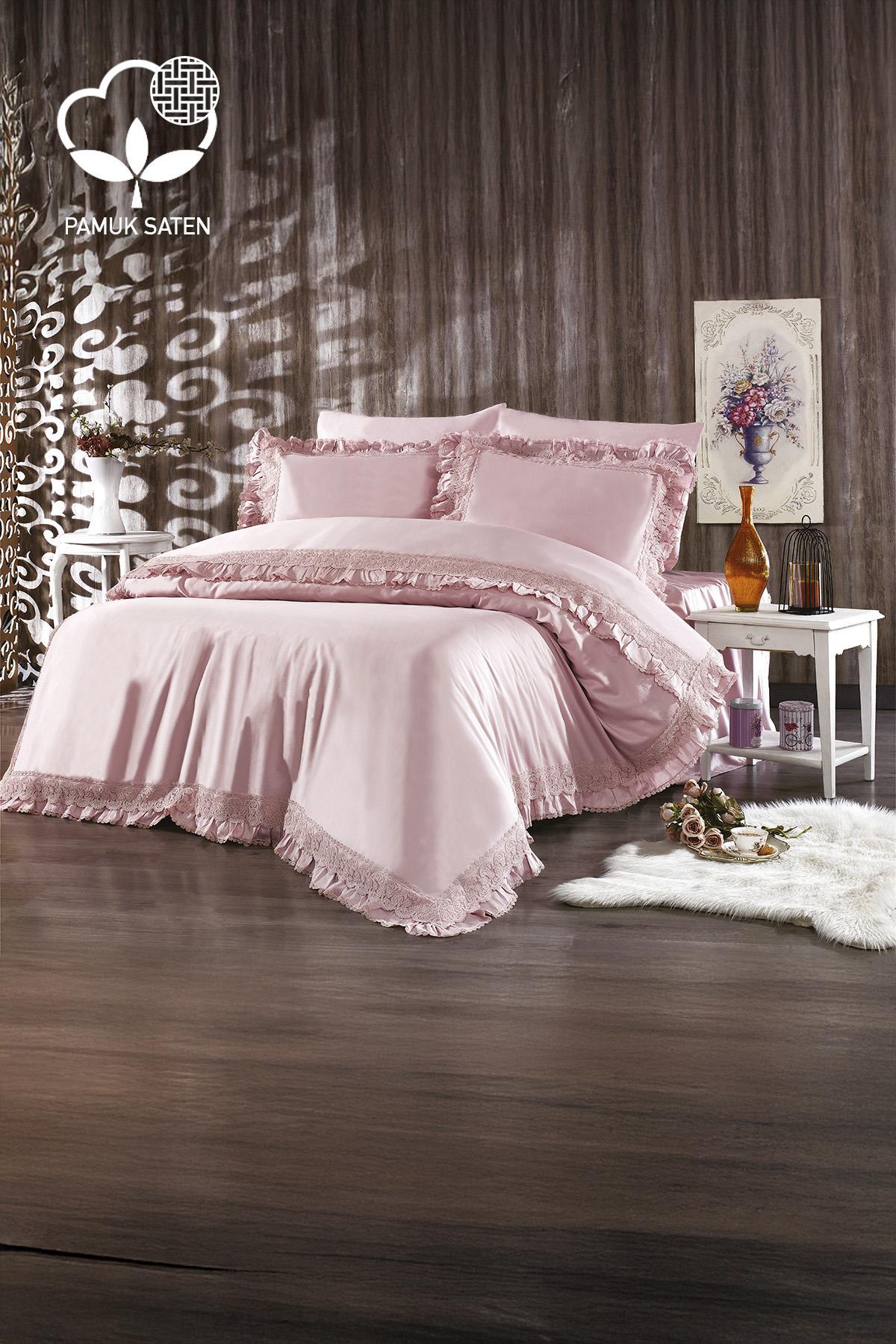 Helen Dantelli Organik Pamuk Saten Çift Kişilik Nevresim Takımı - Nazik Home - Yuvama Değer!