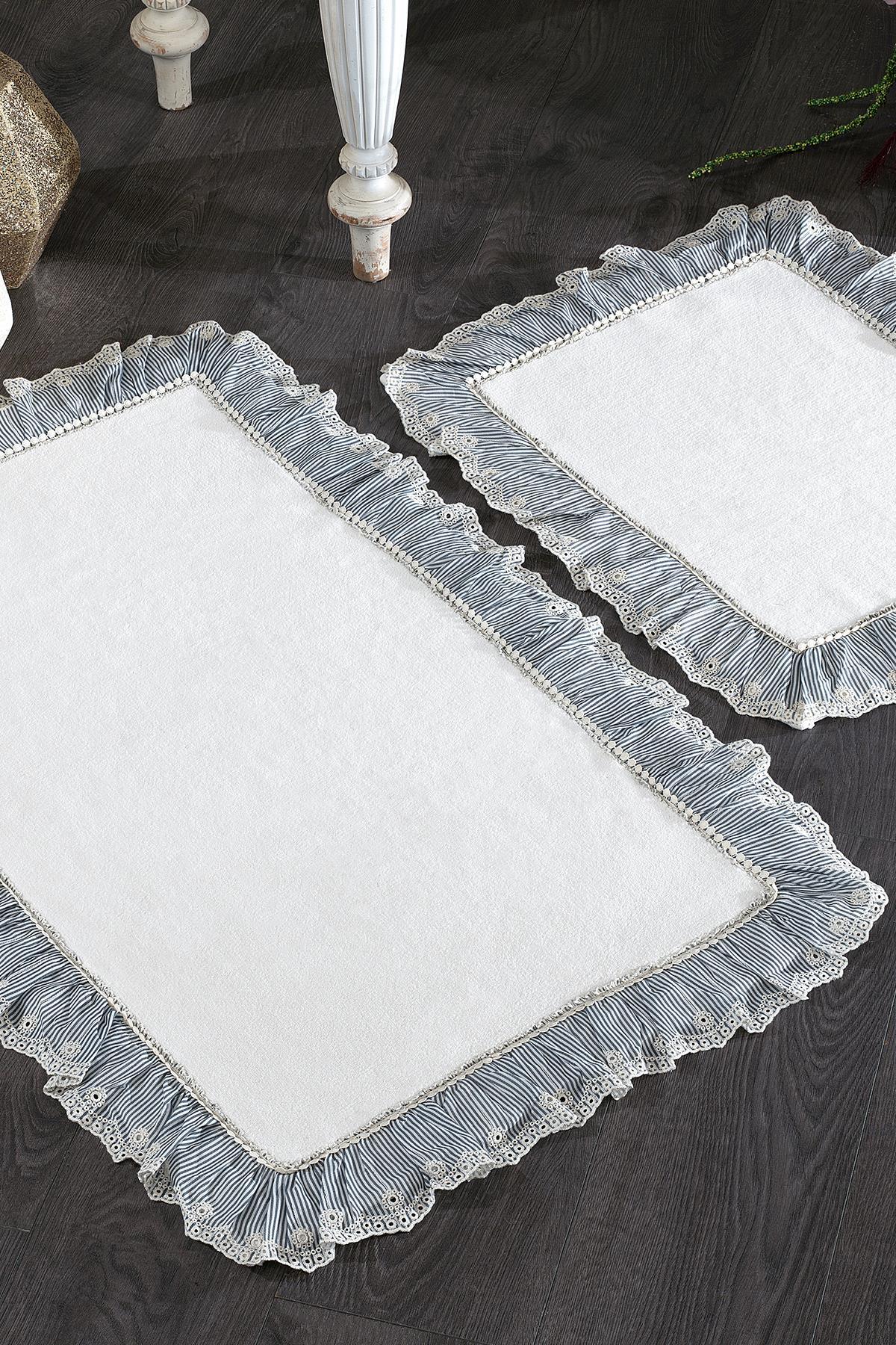 Kitty Çizgi Kumaşlı ve Dantelli 2'li Paspas Set (60 x 100 cm) - Nazik Home - Yuvama Değer!