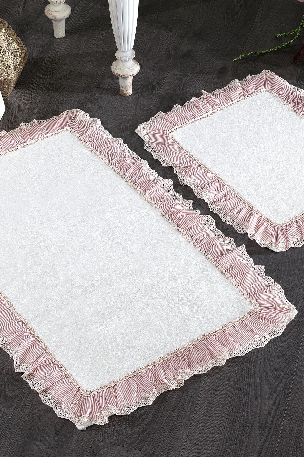 Kitty Çizgi Kumaşlı ve Dantelli 2'li Paspas Set (60 x 100 cm) - Nazik Home - Yuvama Değer!