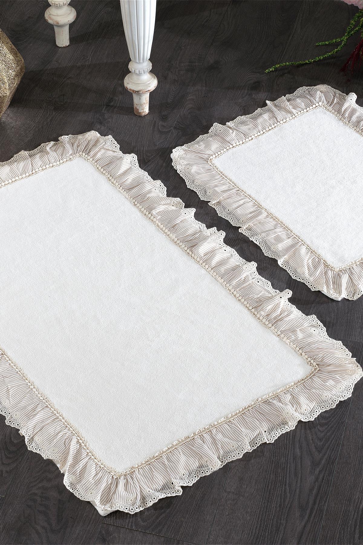 Kitty Çizgi Kumaşlı ve Dantelli 2'li Paspas Set (60 x 100 cm) - Nazik Home - Yuvama Değer!