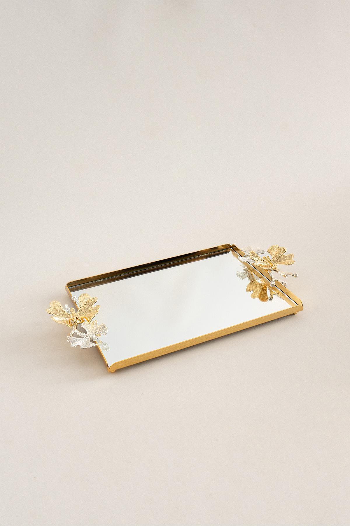 Laura Kelebek Kulplu Altın Orta Tepsi (32 x 22 cm) - Nazik Home - Yuvama Değer!