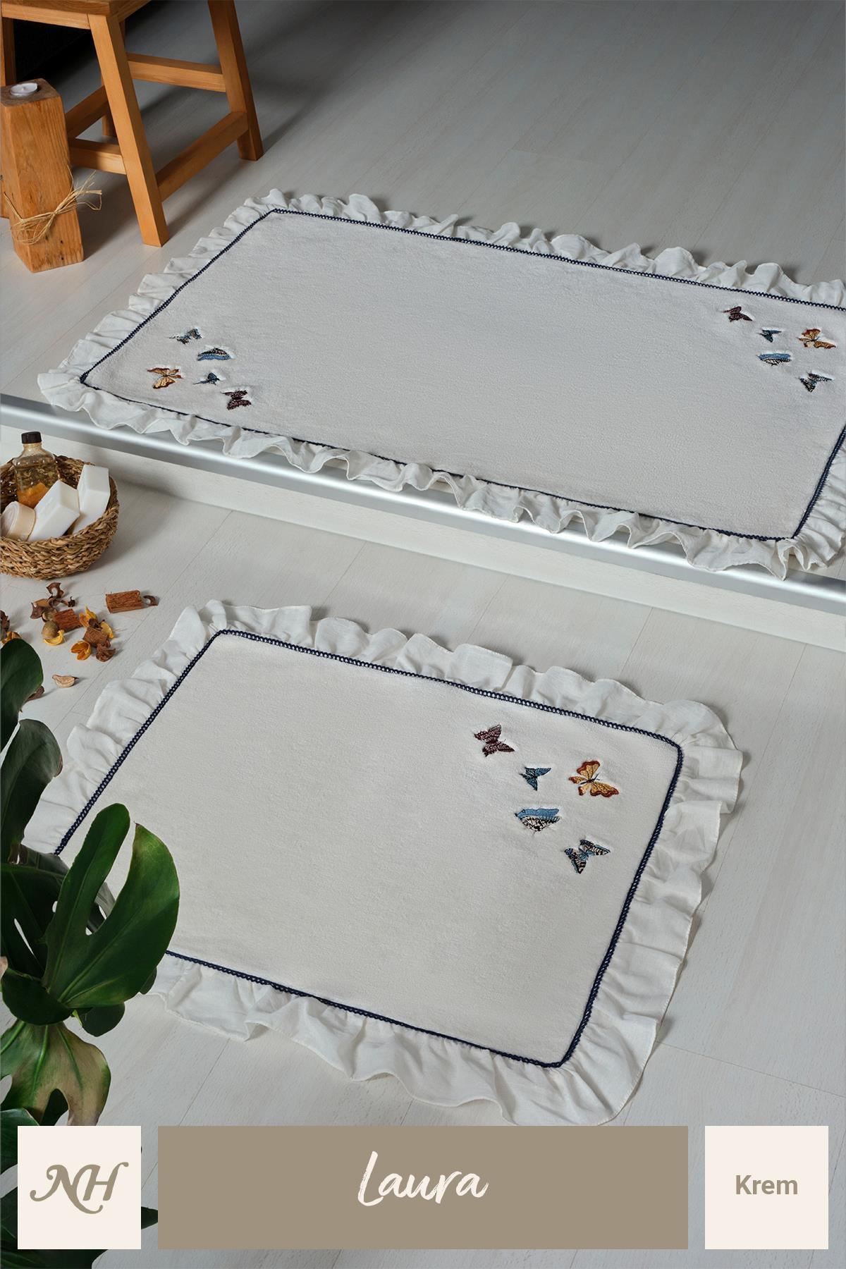 Laura Kelebek Nakışlı 2'li Paspas Set (60 x 100 cm) - Nazik Home - Yuvama Değer!