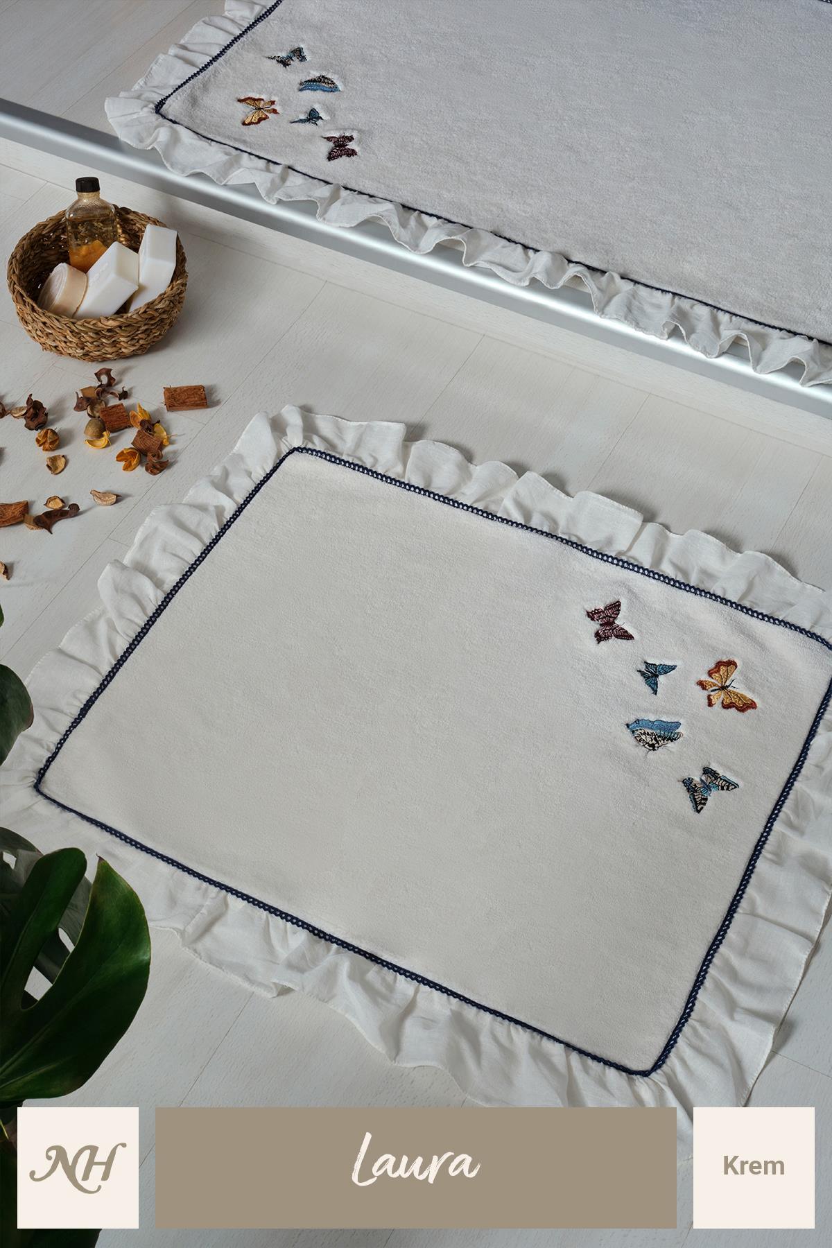 Laura Kelebek Nakışlı 2'li Paspas Set (60 x 100 cm) - Nazik Home - Yuvama Değer!
