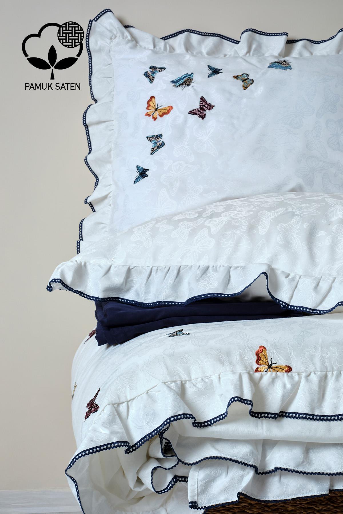 Laura Kelebek Nakışlı Pamuk Saten Çift Kişilik Nevresim Takımı - Nazik Home - Yuvama Değer!