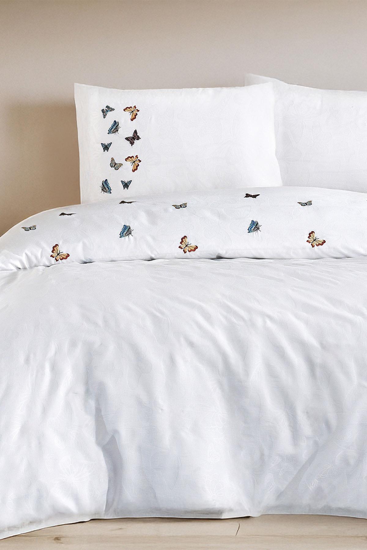 Lorea Kelebek Nakışlı %100 Pamuk Çift Kişilik Nevresim Seti - Nazik Home - Yuvama Değer!